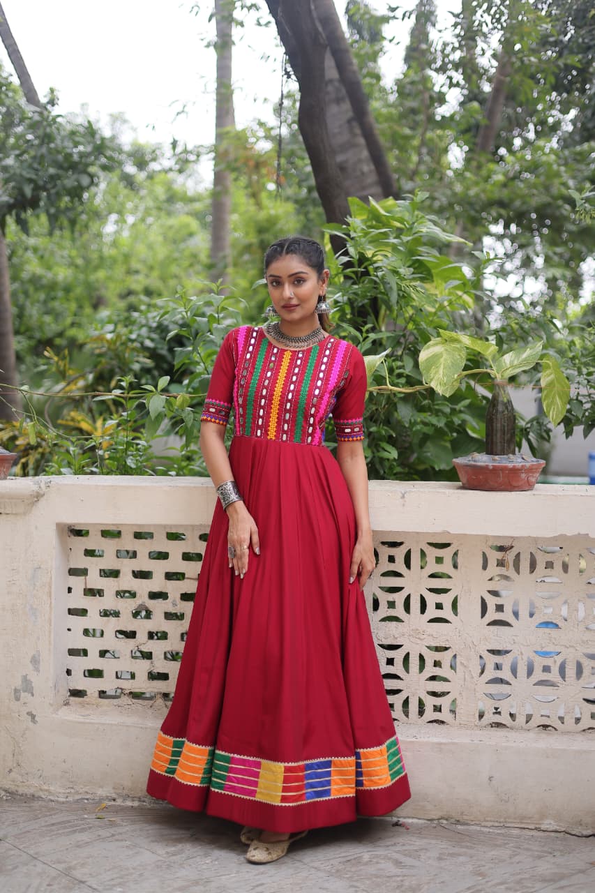 Maroon Roman Fabric Mirror Work Gown with Multicolor Thread Embroidery