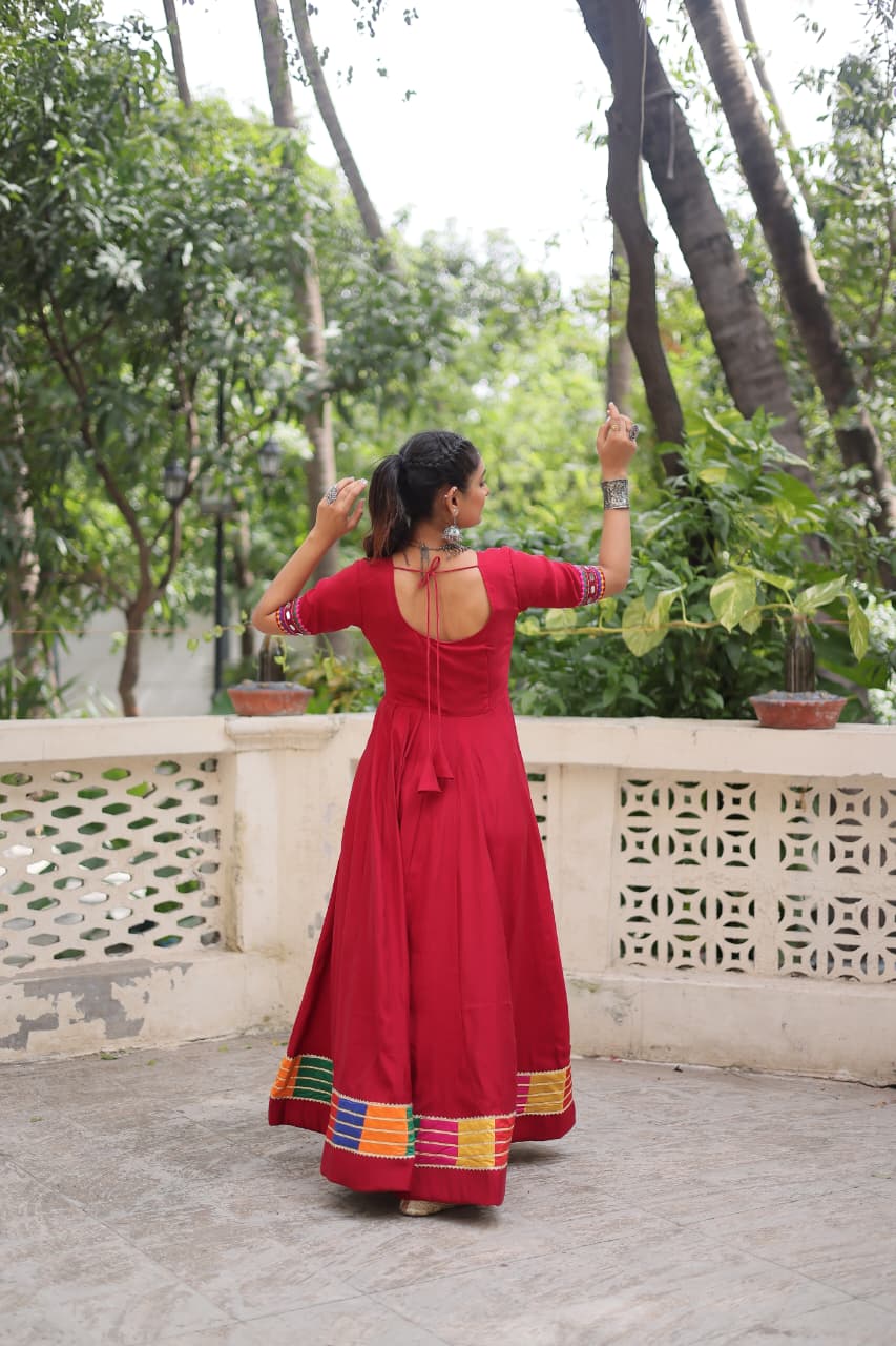 Maroon Roman Fabric Mirror Work Gown with Multicolor Thread Embroidery