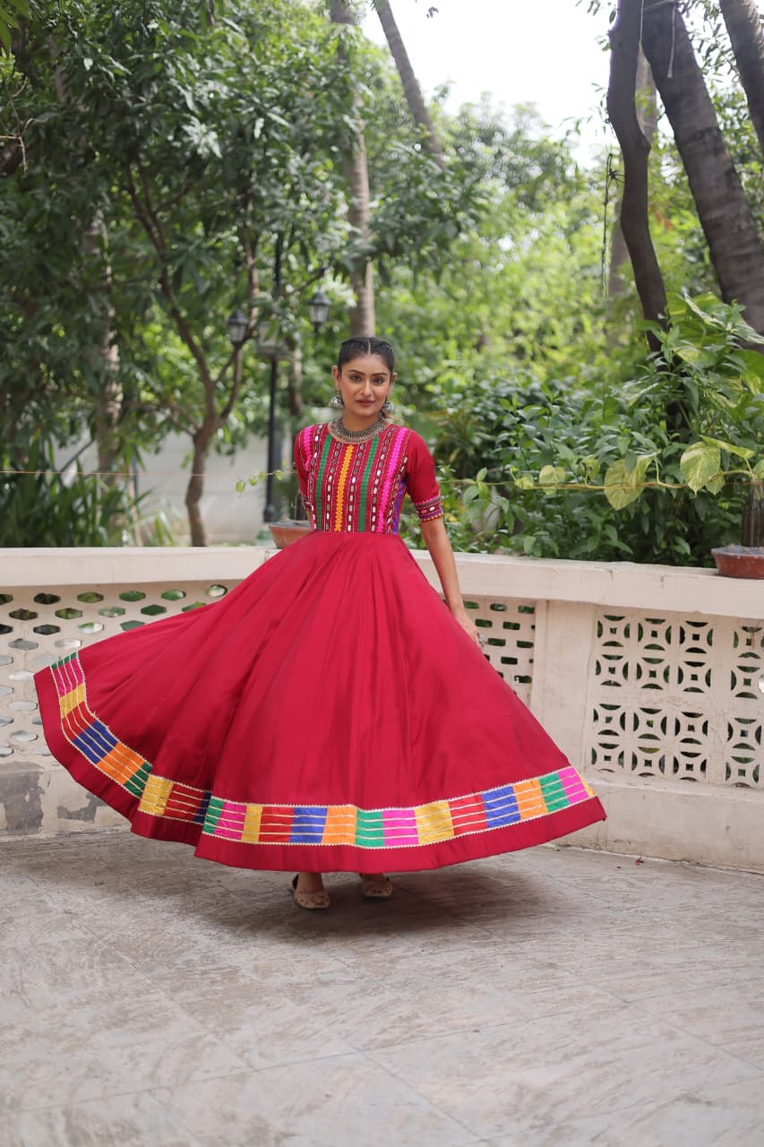 Maroon Roman Fabric Mirror Work Gown with Multicolor Thread Embroidery