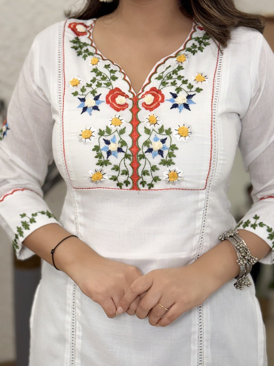 Floral Yoke Design Thread Work V-Neck Cotton Straight Kurta With Trouser