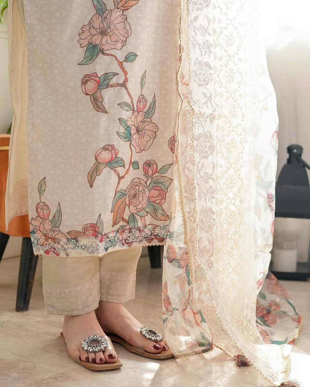 Light pastel pink embroidered off-white kurta with dupatta set