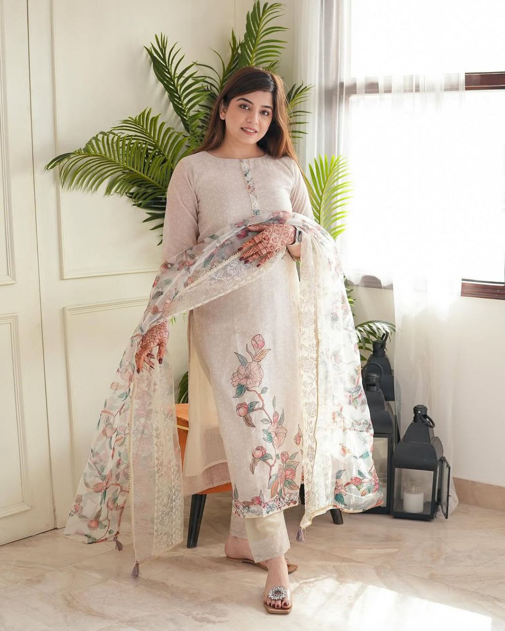Light pastel pink embroidered off-white kurta with dupatta set