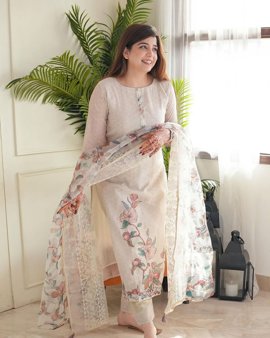 Light pastel pink embroidered off-white kurta with dupatta set