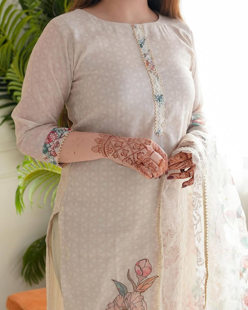 Light pastel pink embroidered off-white kurta with dupatta set