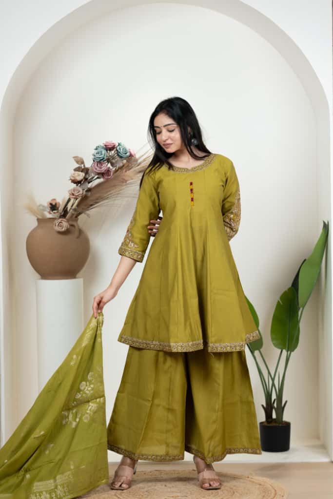 Olive Embellished Kurta Palazzo Set
