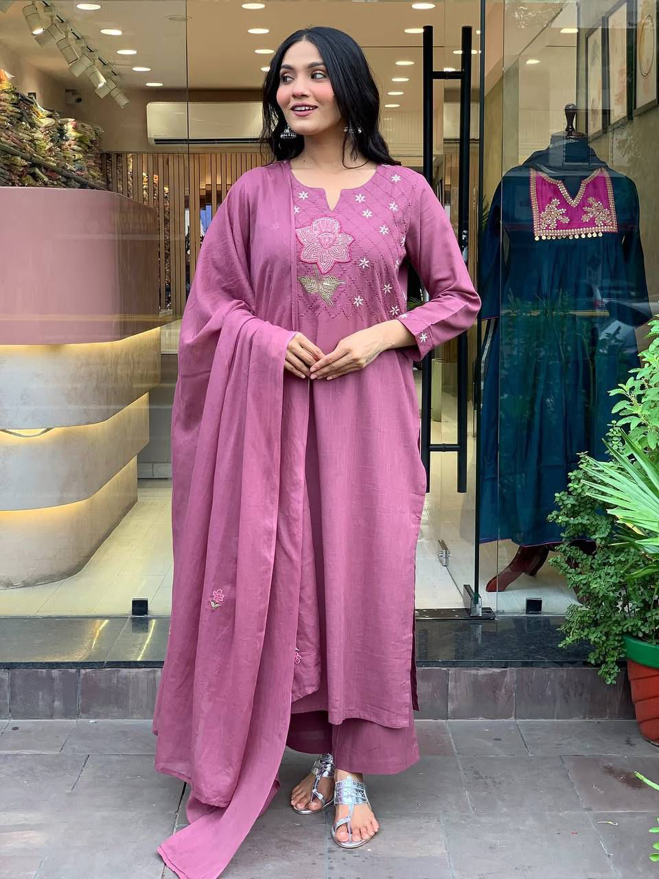 Women's Petal Pink Embroidered Cotton Blend Kurta Sets With Dupatta