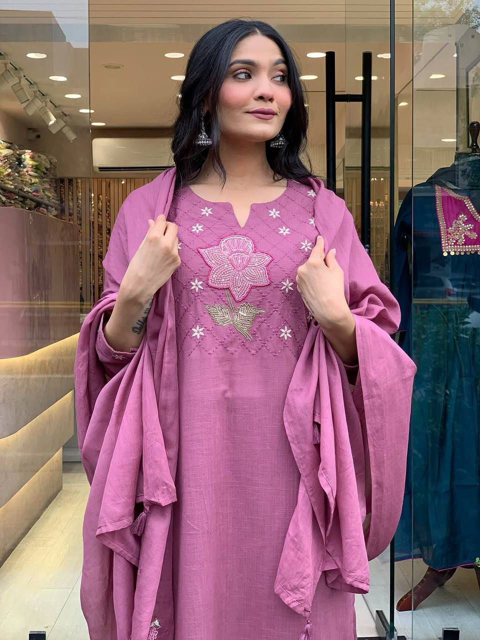 Women's Petal Pink Embroidered Cotton Blend Kurta Sets With Dupatta