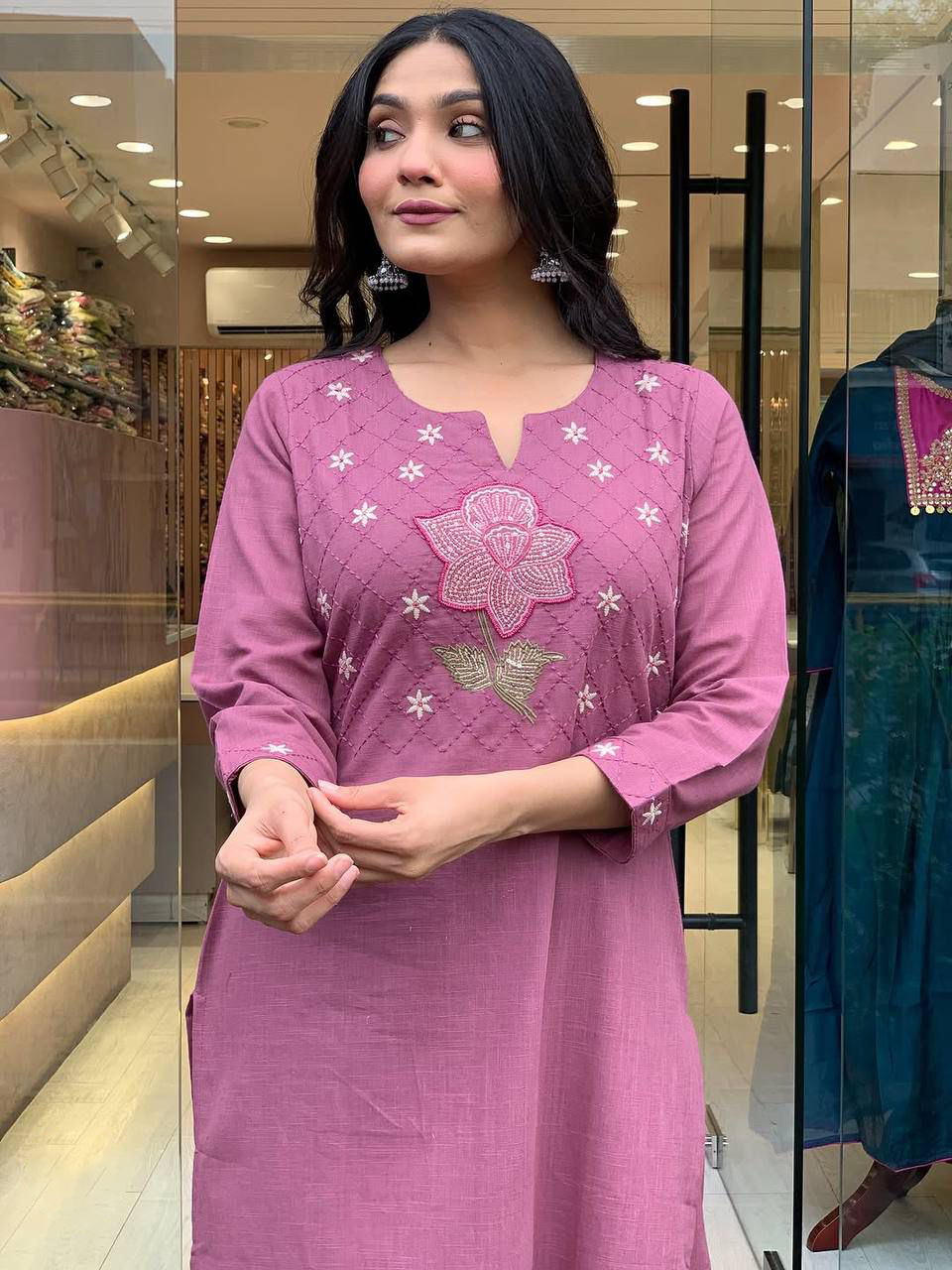 Women's Petal Pink Embroidered Cotton Blend Kurta Sets With Dupatta