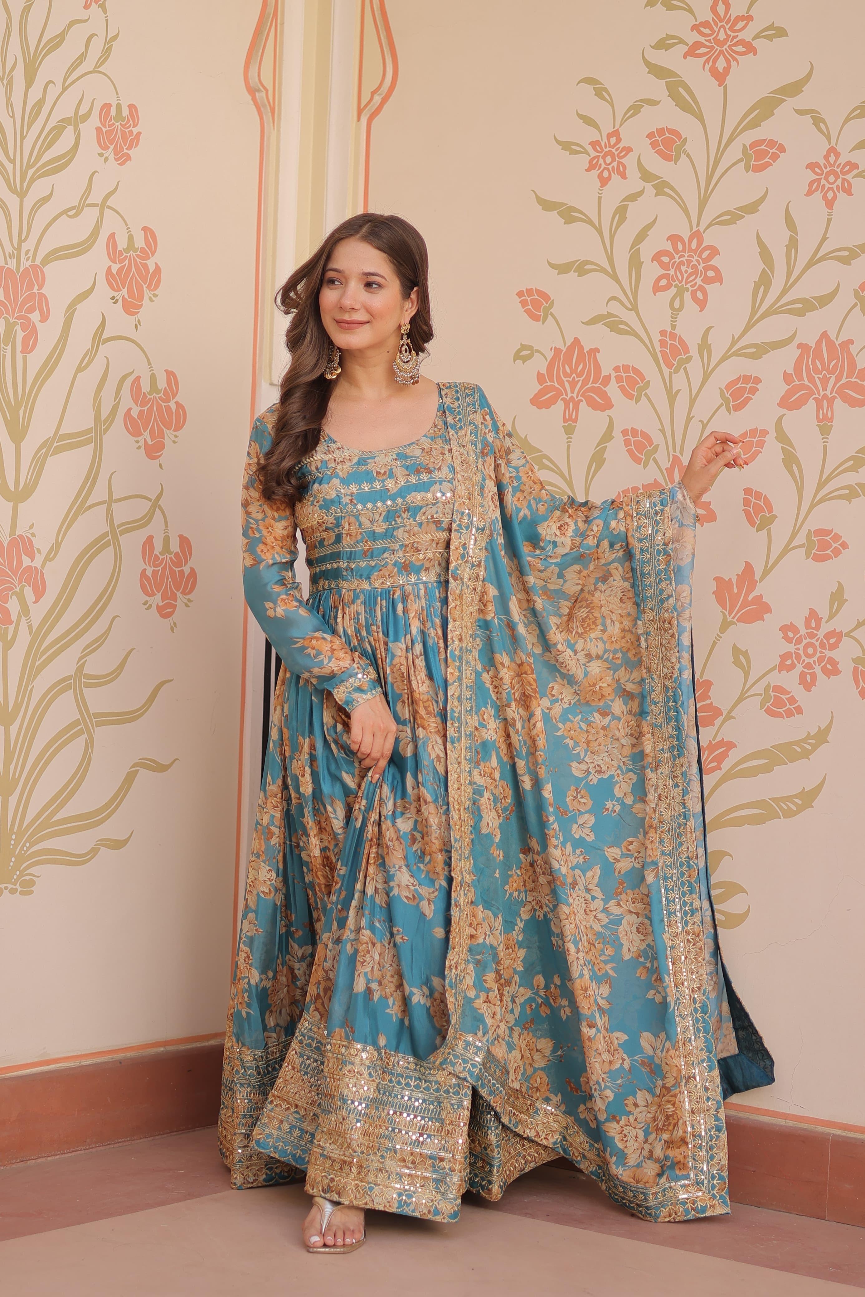 Azure Bloom Royale Russian Silk Gown Set