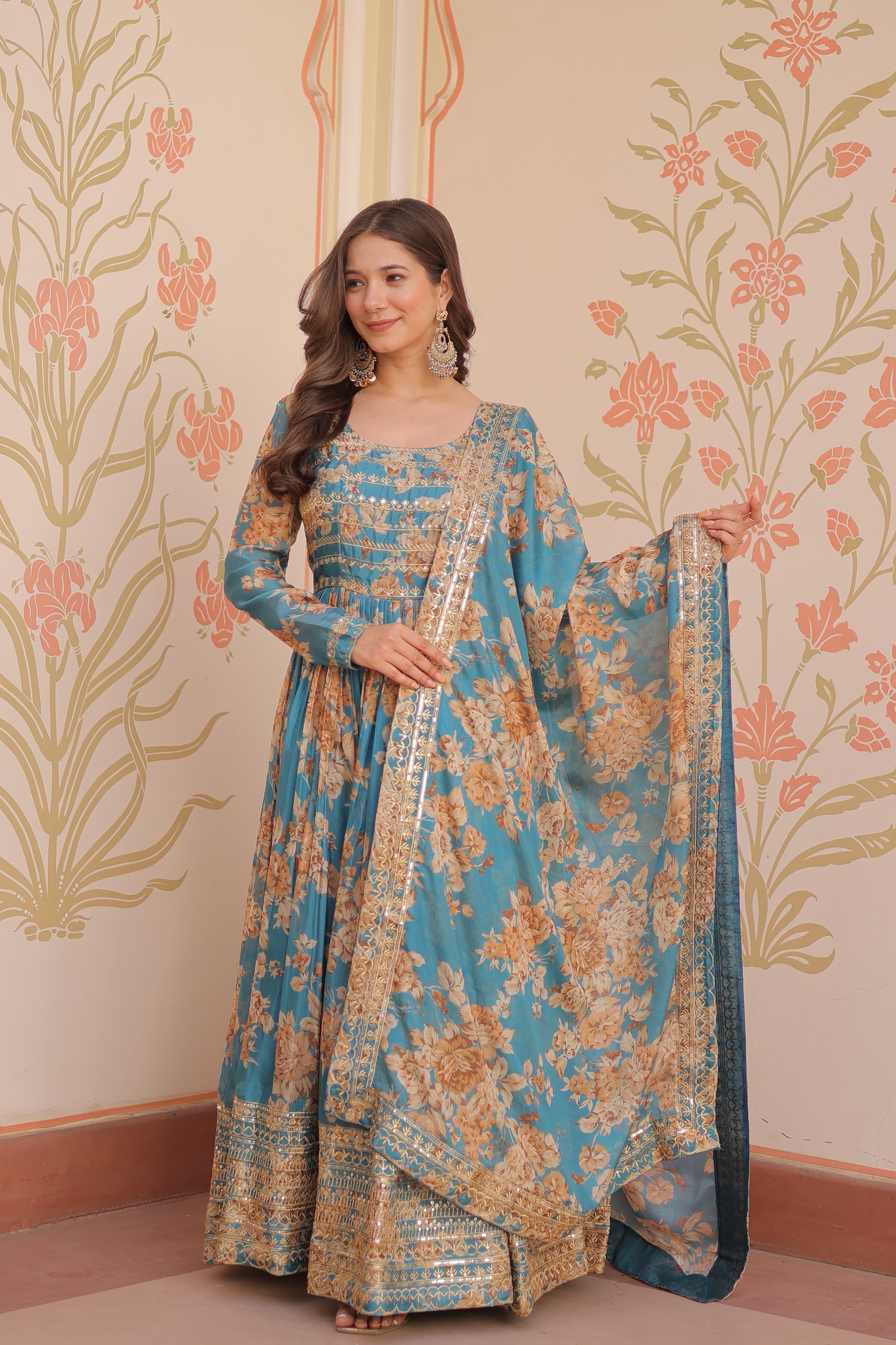 Azure Bloom Royale Russian Silk Gown Set