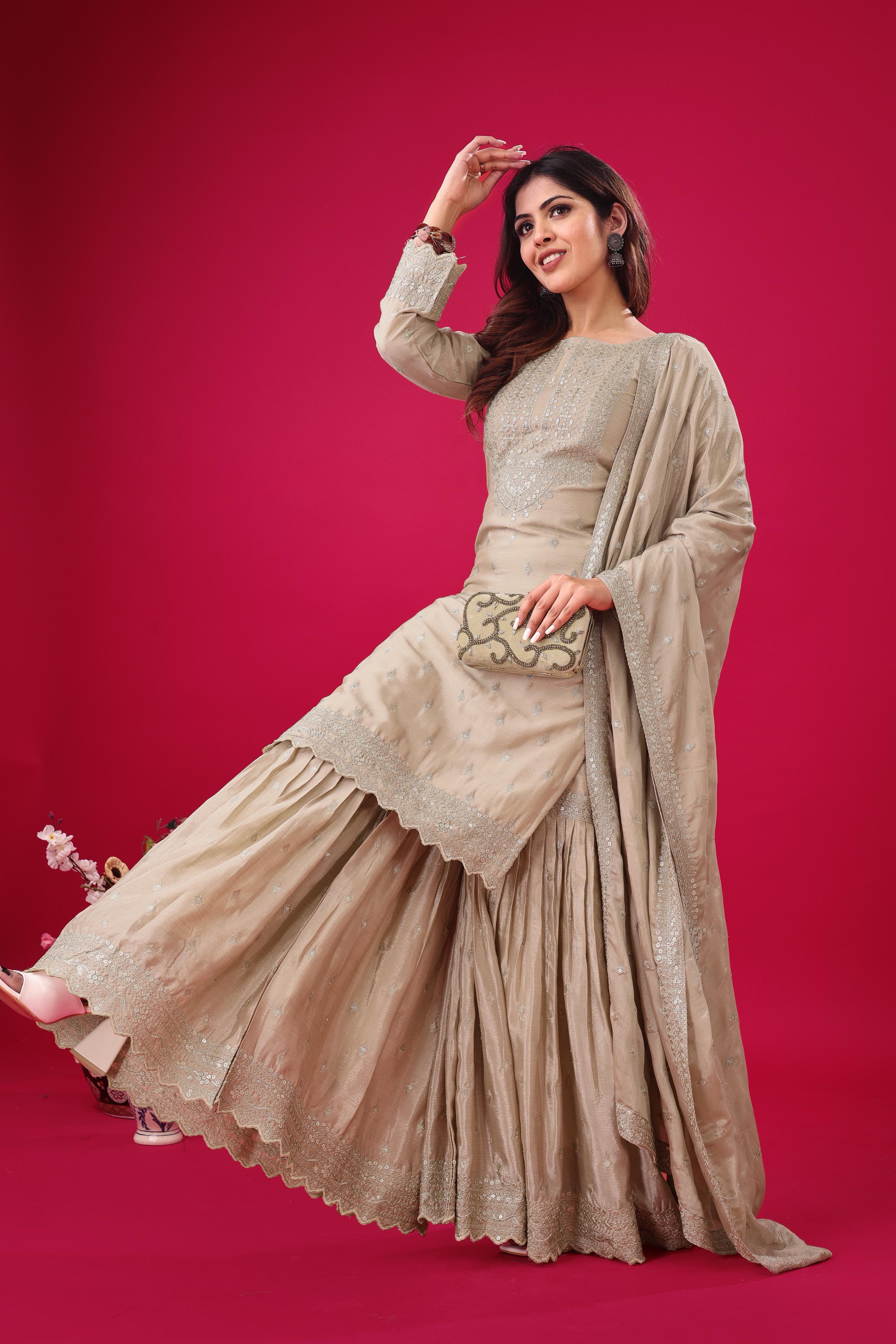 Golden Mist Luxe Chinon Silk Sharara Set