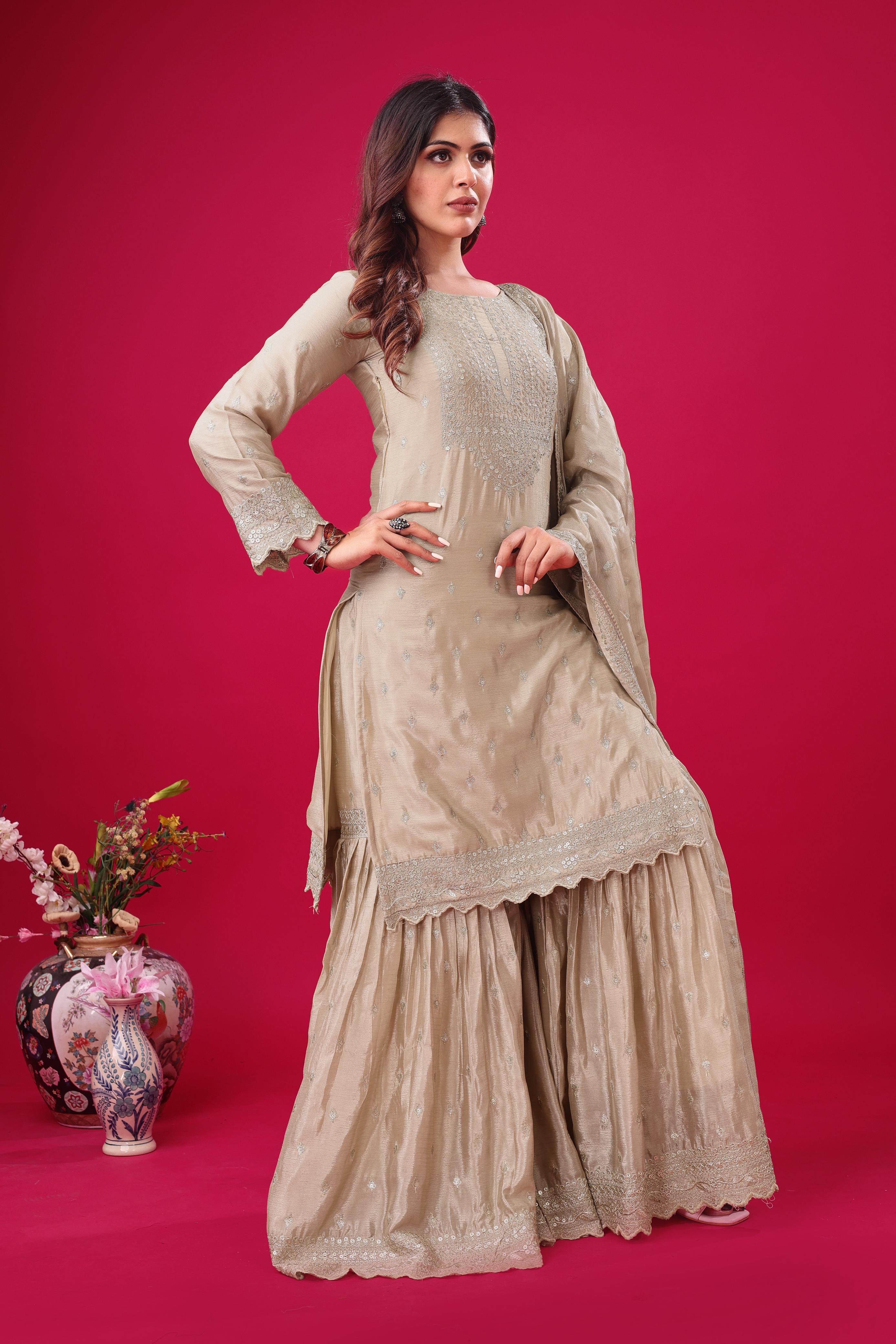 Golden Mist Luxe Chinon Silk Sharara Set