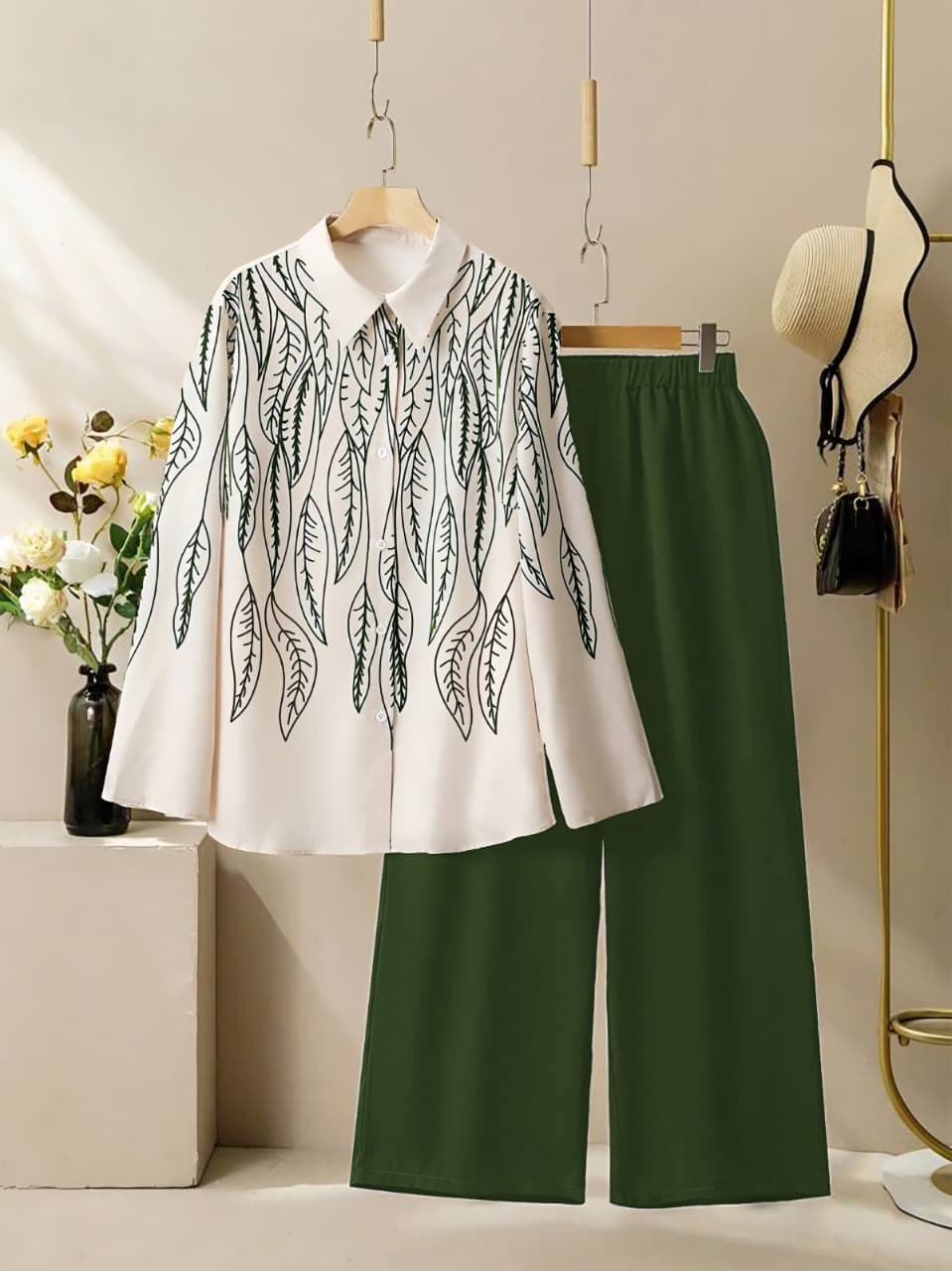 Leaf Print Poly Rayon Shirt & Stretchable Palazzo Co-Ord Set