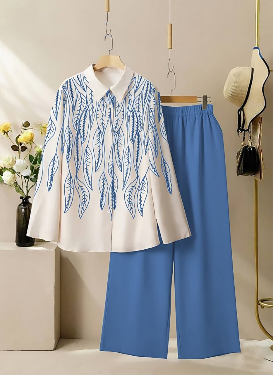 Leaf Print Poly Rayon Shirt & Stretchable Palazzo Co-Ord Set