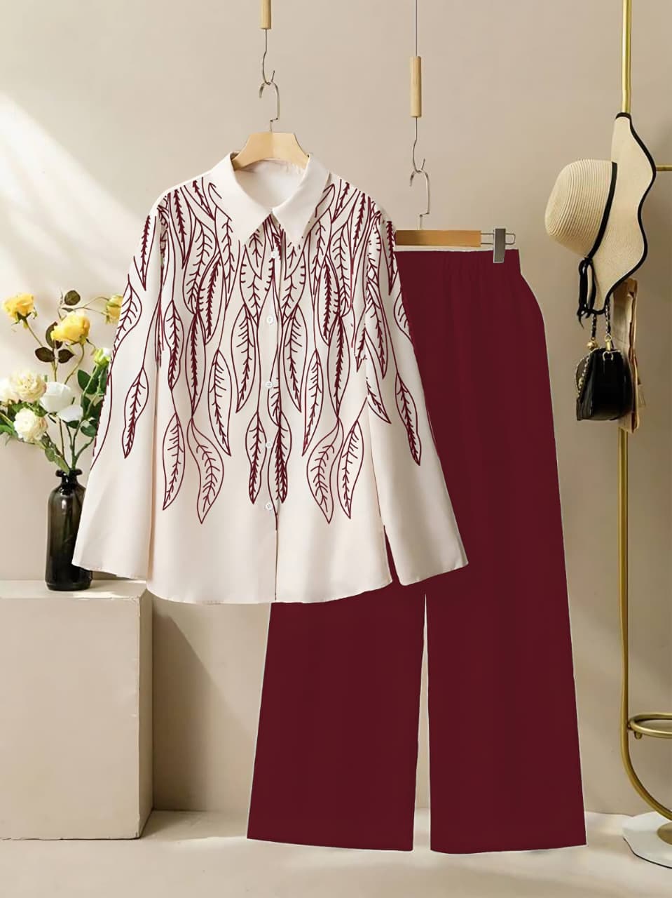 Leaf Print Poly Rayon Shirt & Stretchable Palazzo Co-Ord Set