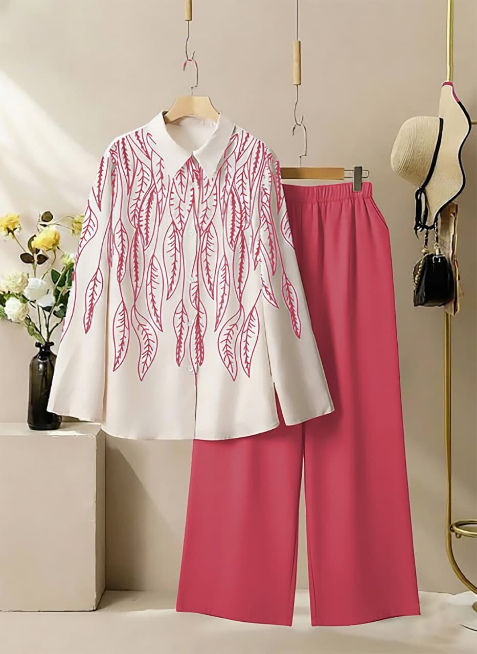 Leaf Print Poly Rayon Shirt & Stretchable Palazzo Co-Ord Set