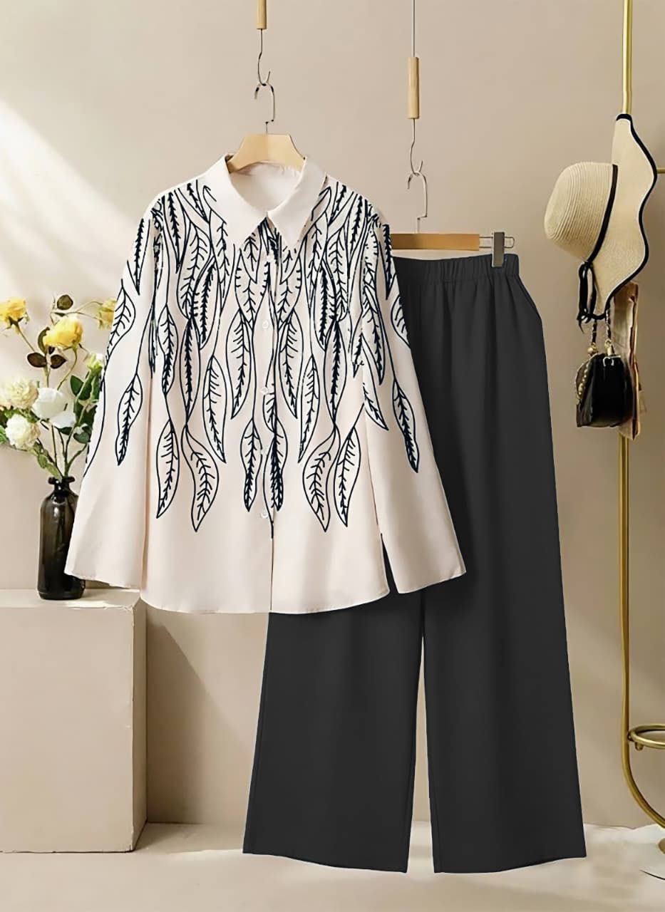 Leaf Print Poly Rayon Shirt & Stretchable Palazzo Co-Ord Set