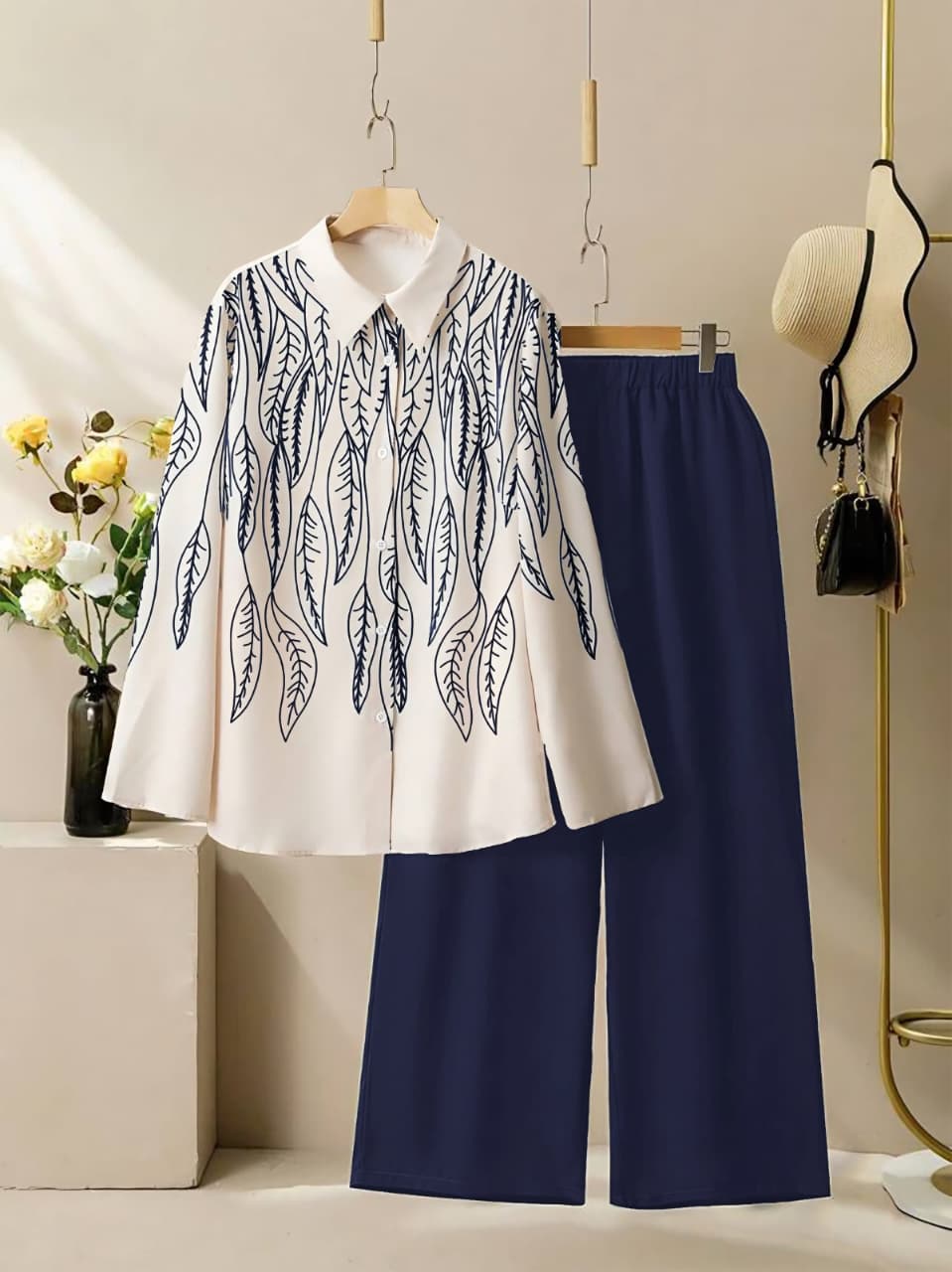 Leaf Print Poly Rayon Shirt & Stretchable Palazzo Co-Ord Set