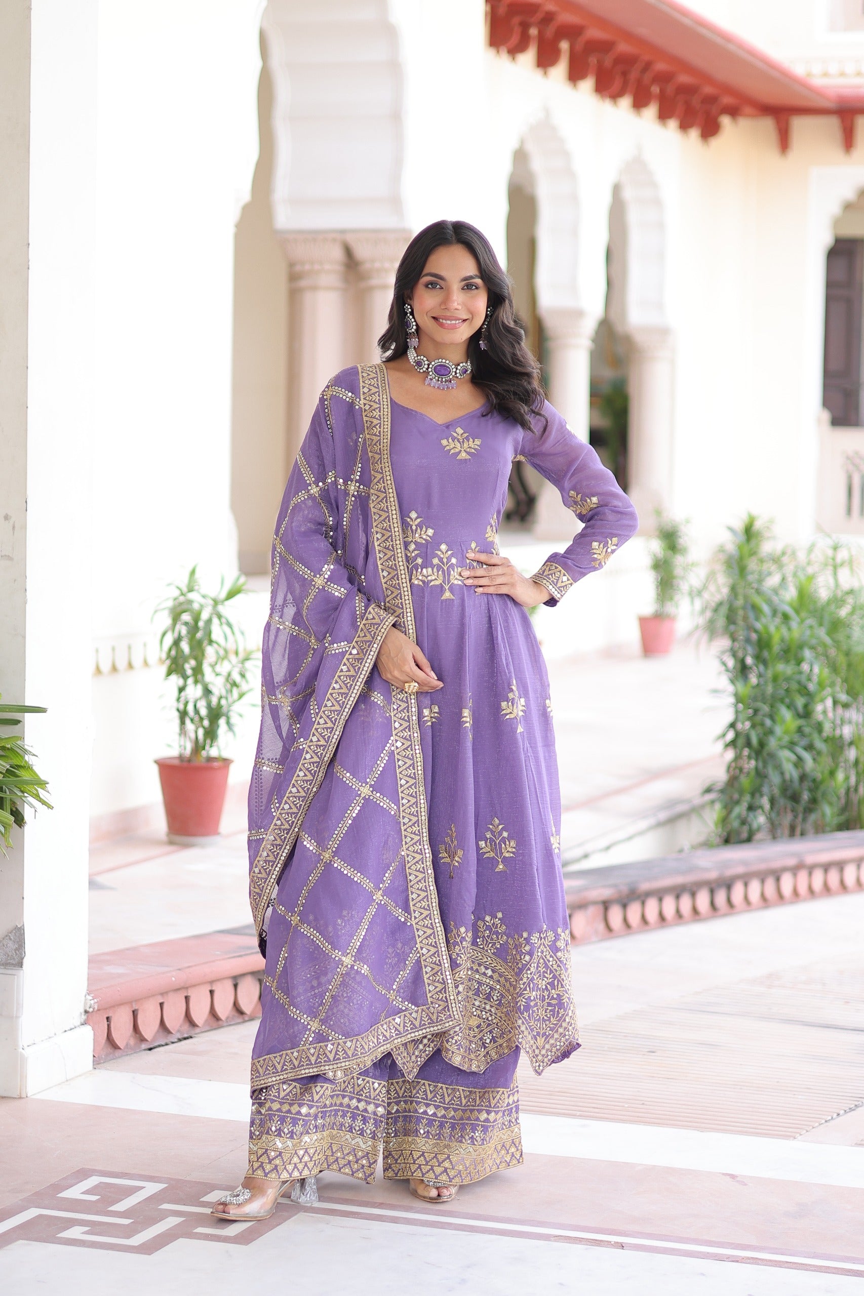 Amethyst Aura Embroidered Gown with Pant & Dupatta Set