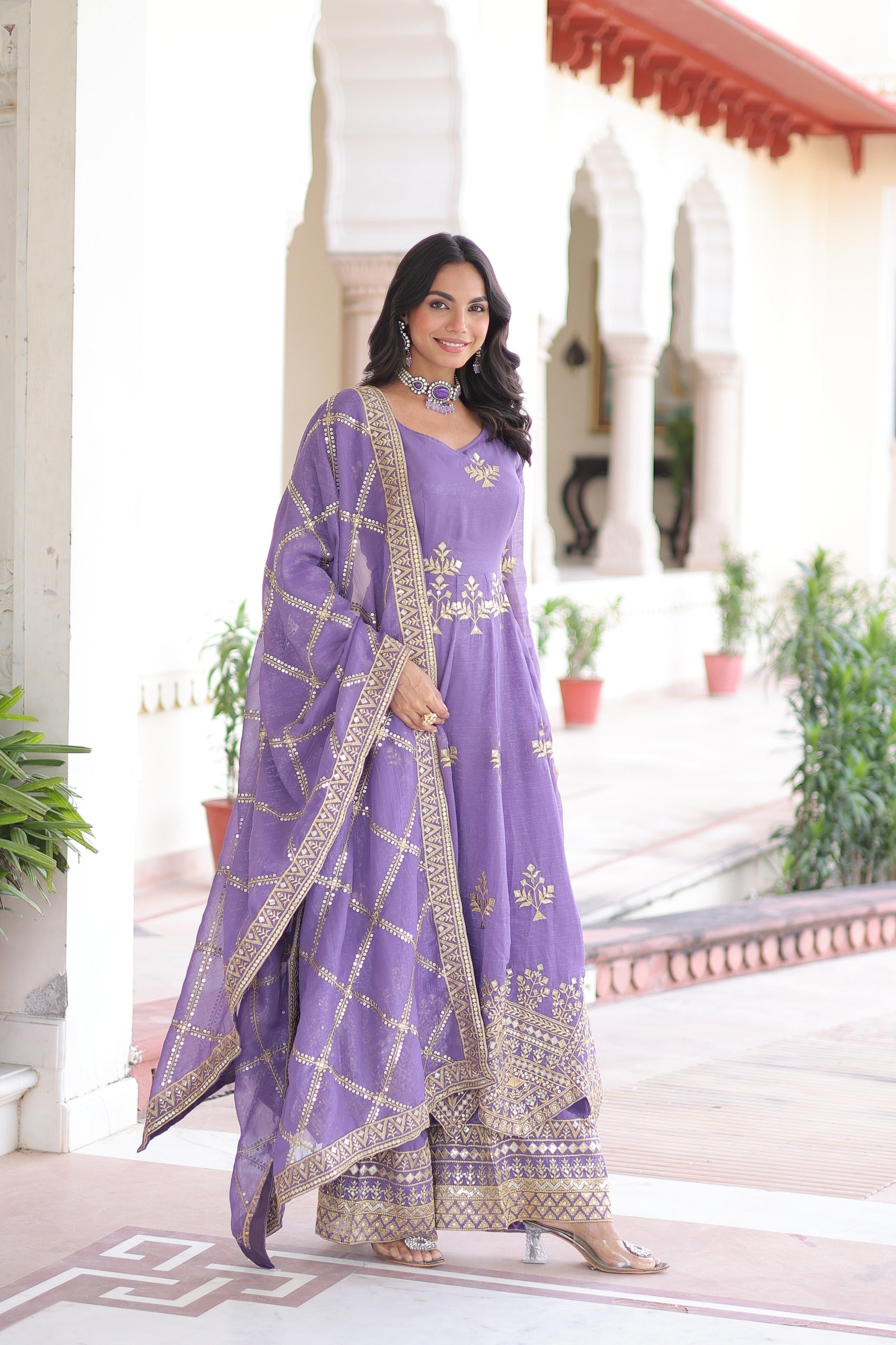 Amethyst Aura Embroidered Gown with Pant & Dupatta Set