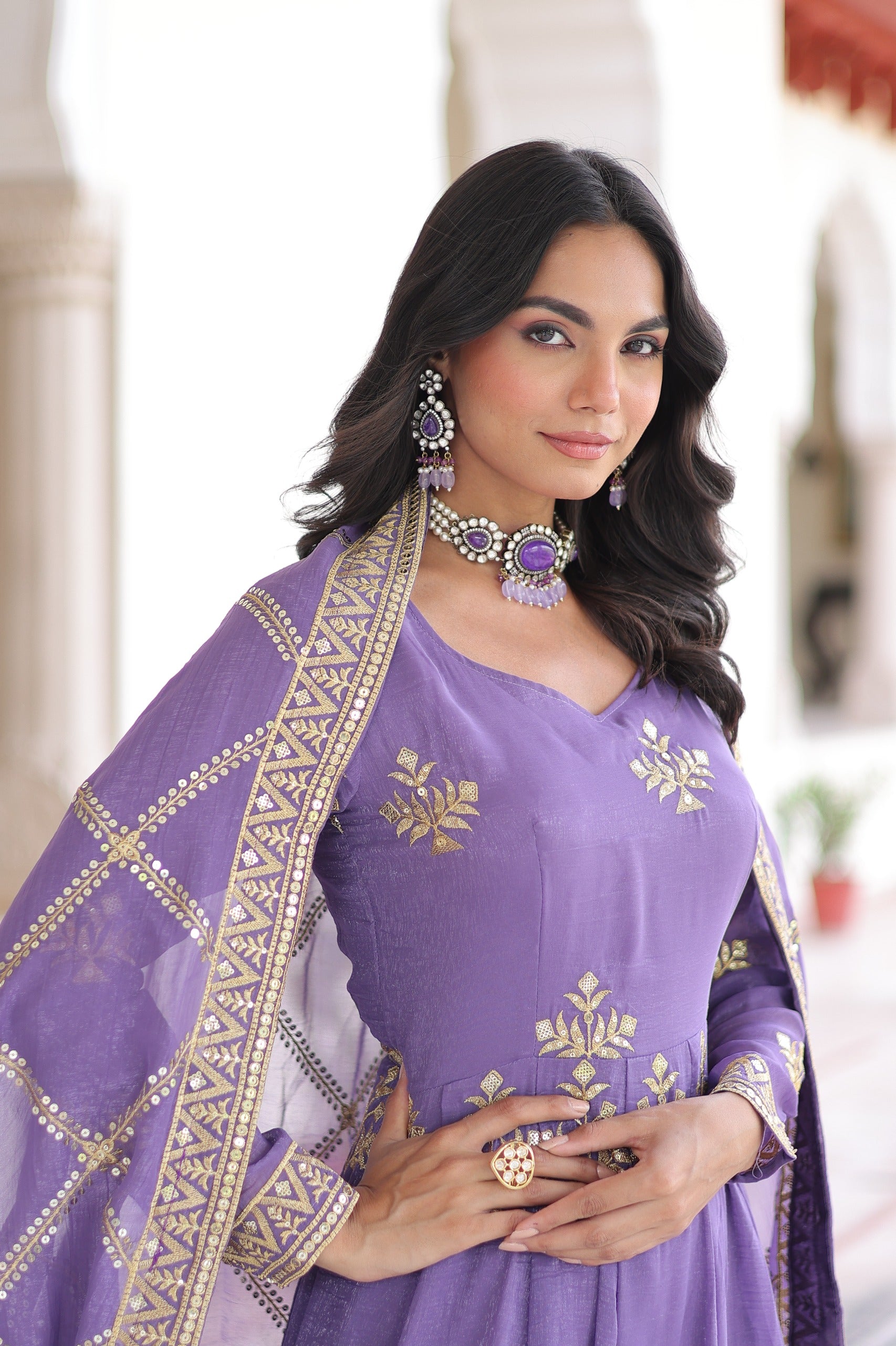 Amethyst Aura Embroidered Gown with Pant & Dupatta Set