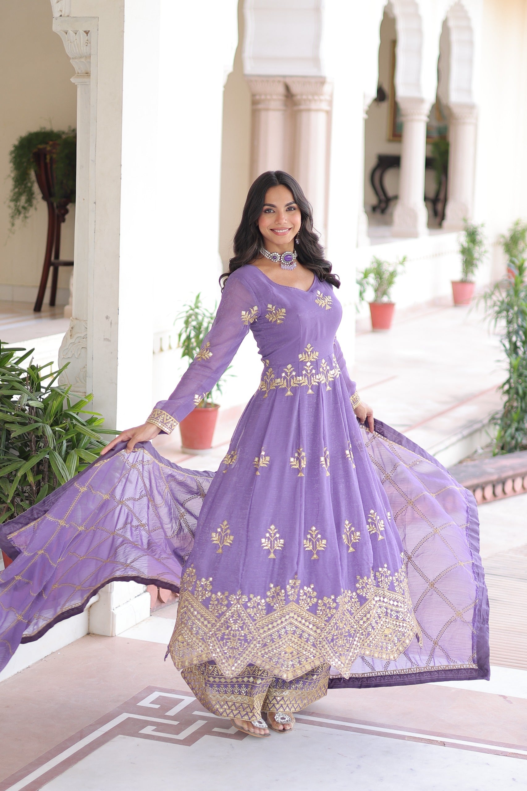 Amethyst Aura Embroidered Gown with Pant & Dupatta Set