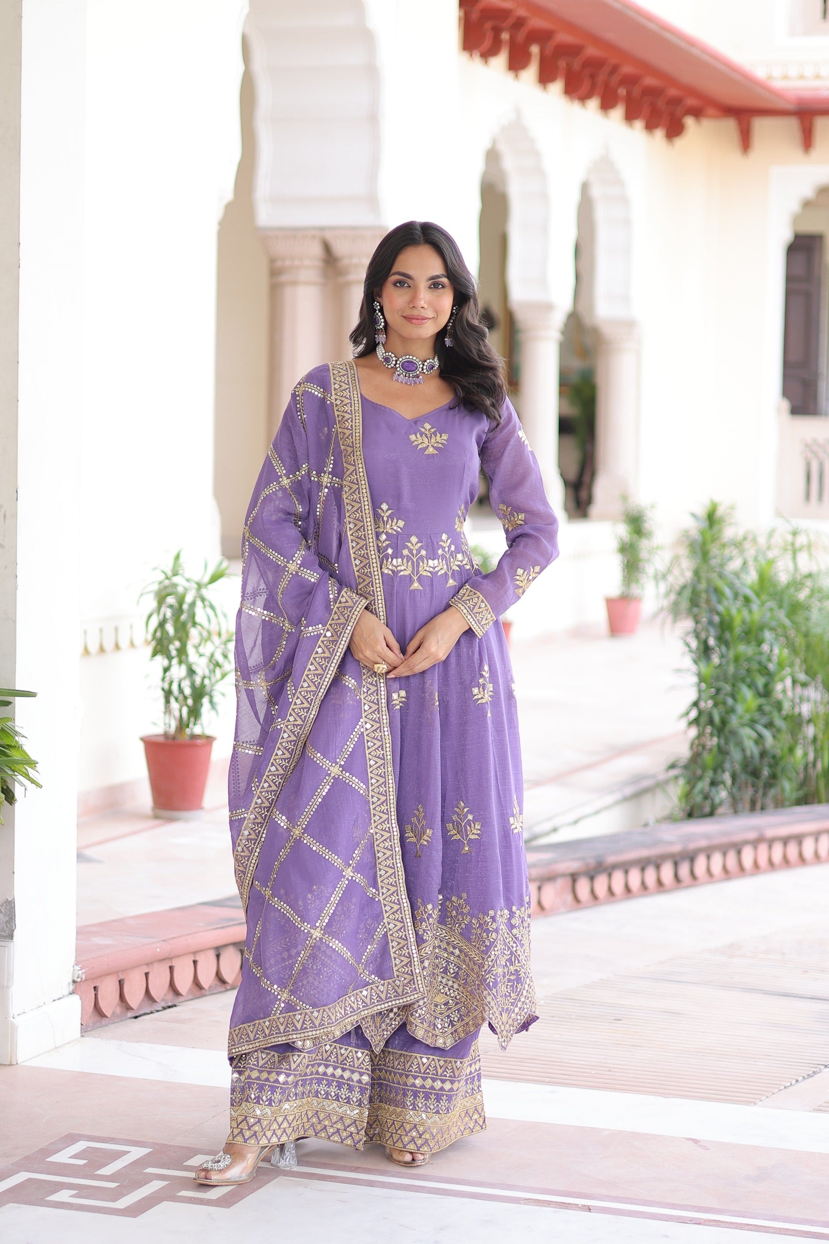 Amethyst Aura Embroidered Gown with Pant & Dupatta Set