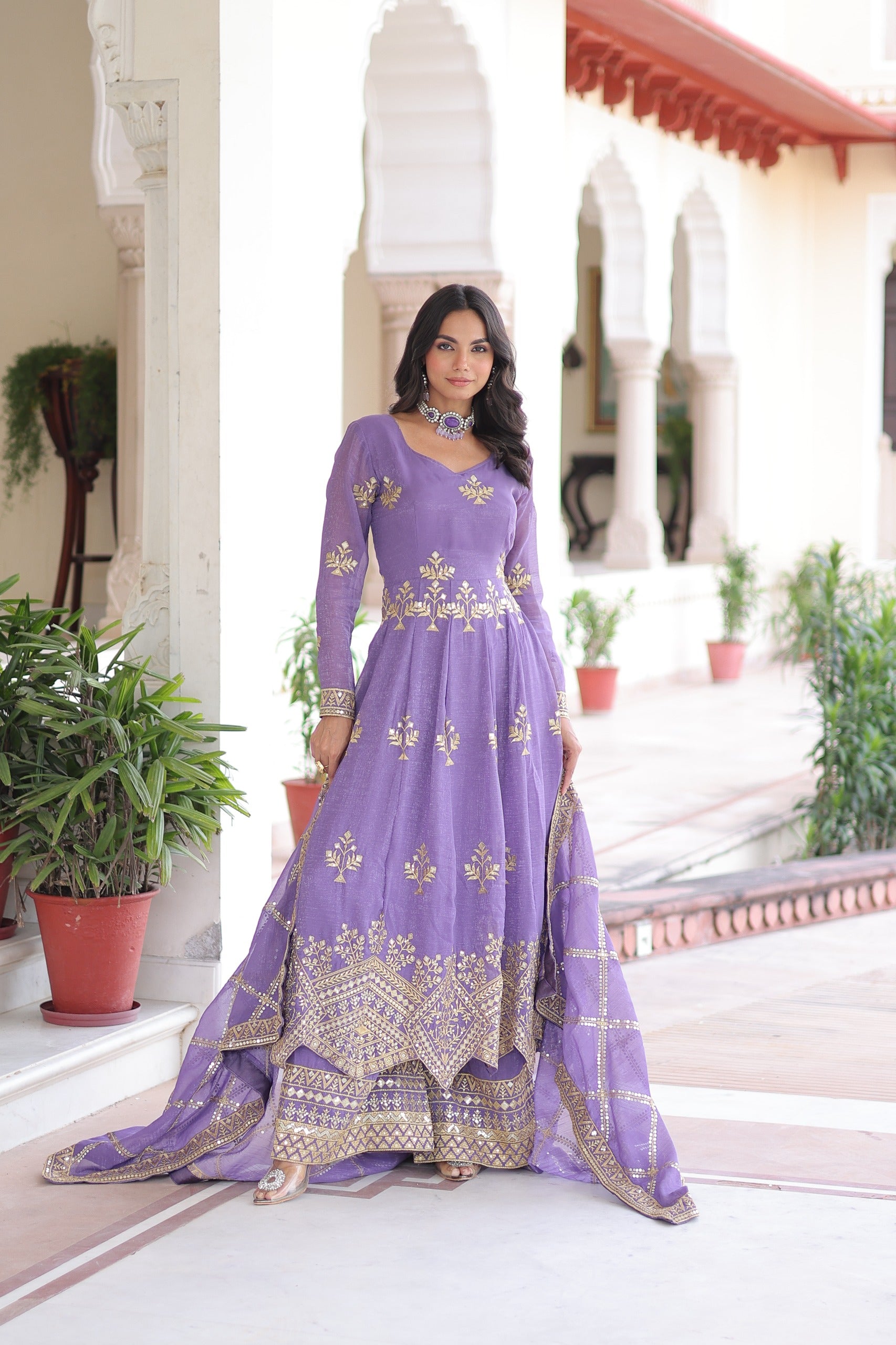 Amethyst Aura Embroidered Gown with Pant & Dupatta Set