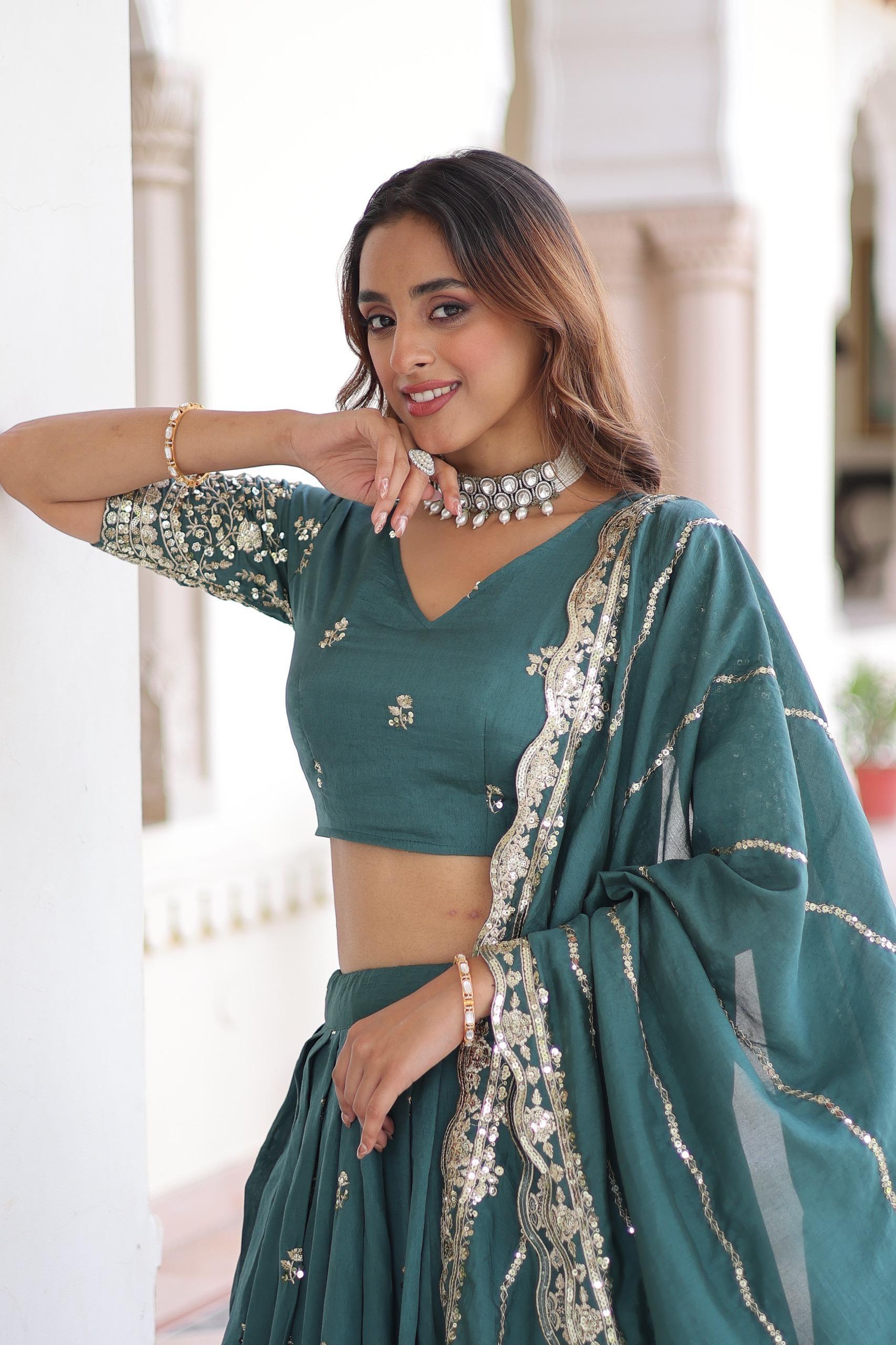 Vichitra Silk Sequins Embroidered Lehenga Choli Set
