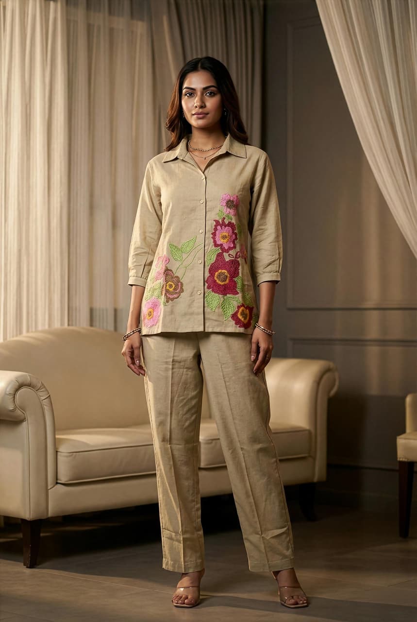 Beige Bloom Cotton Flex Co-Ord Set