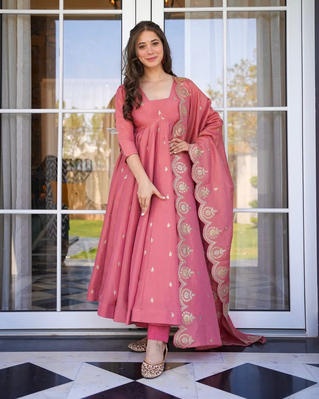 Rose Blush Embroidered Gold Crush Silk Gown Set