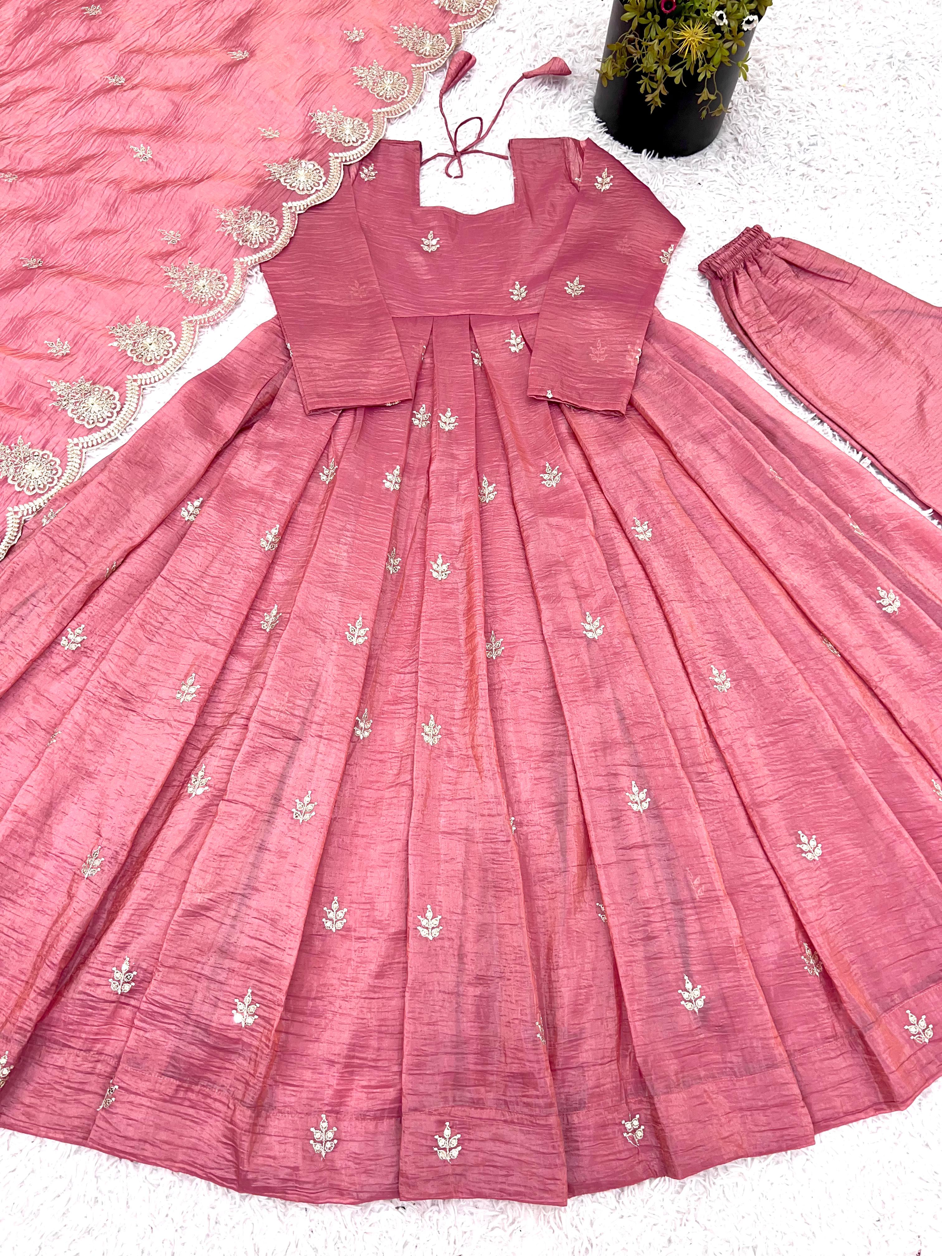 Rose Blush Embroidered Gold Crush Silk Gown Set