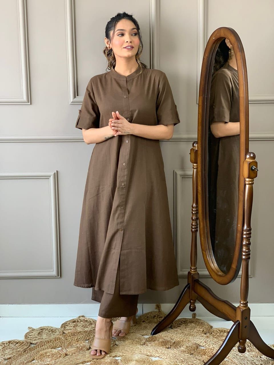 Brown Reverie Cotton A-Line Co-Ord Set