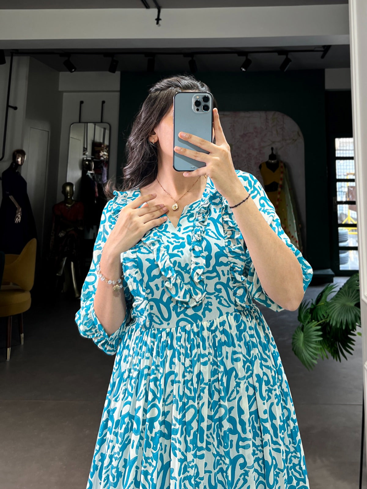 Azure Script Printed Georgette Maxi Frock