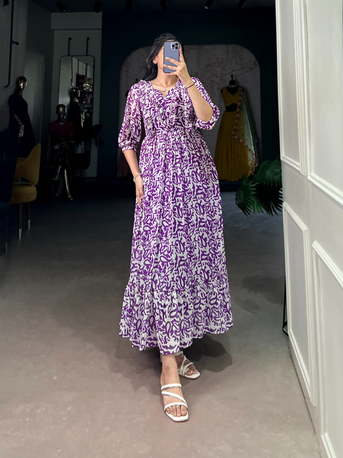 Azure Script Printed Georgette Maxi Frock
