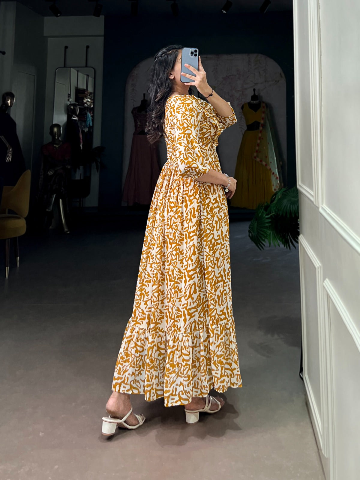 Azure Script Printed Georgette Maxi Frock