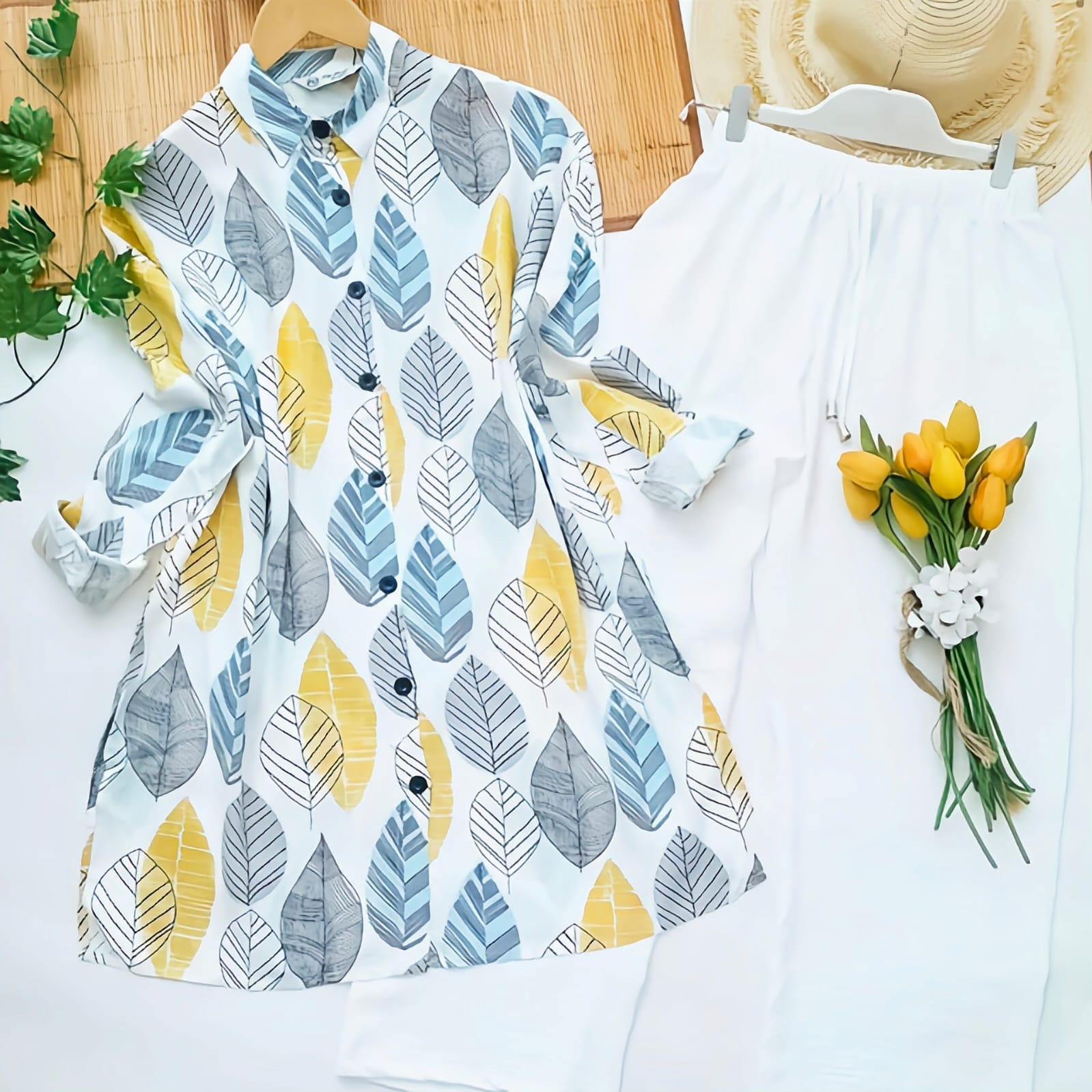 Leaf Print Rayon Kurti with Stretchable Palazzo Set