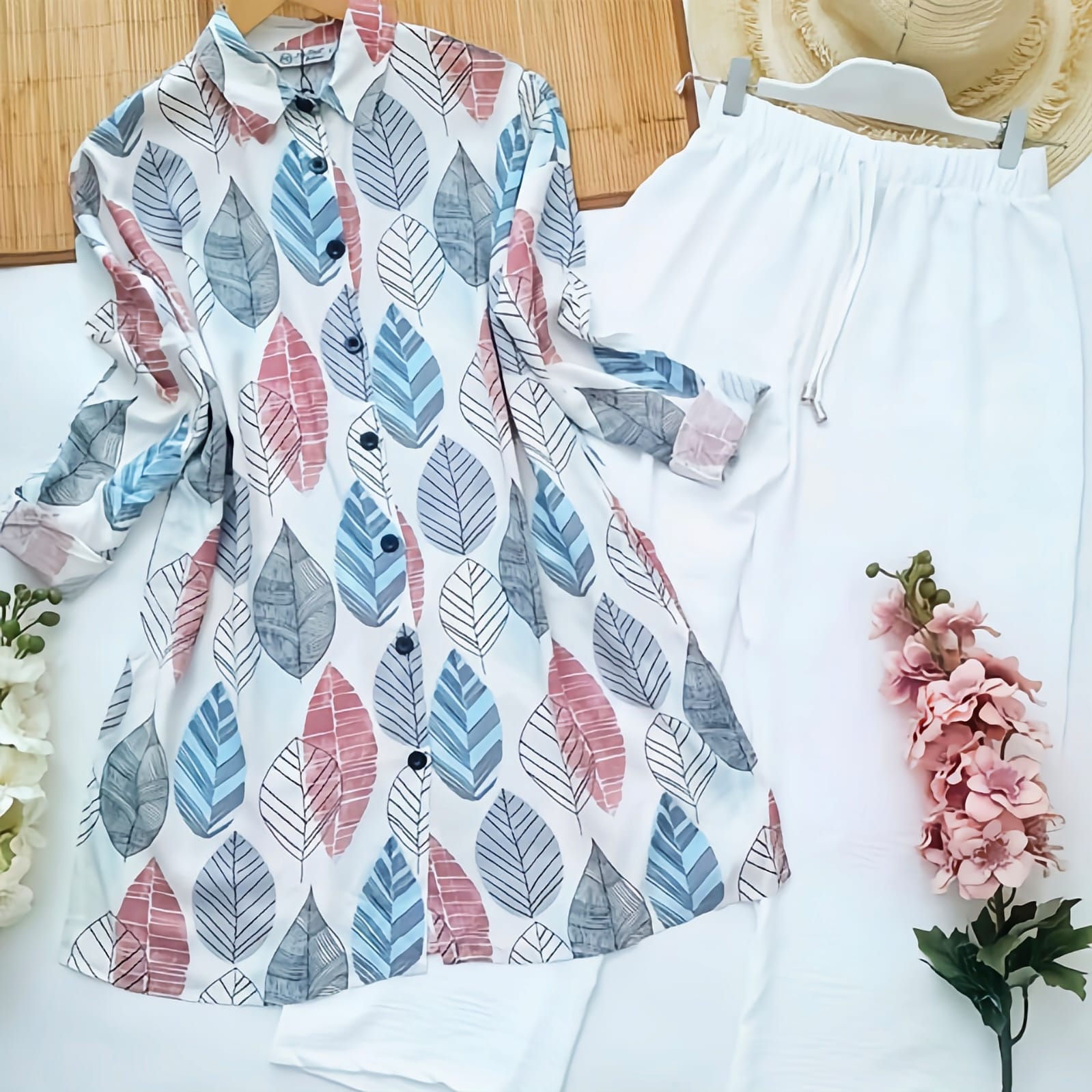 Leaf Print Rayon Kurti with Stretchable Palazzo Set