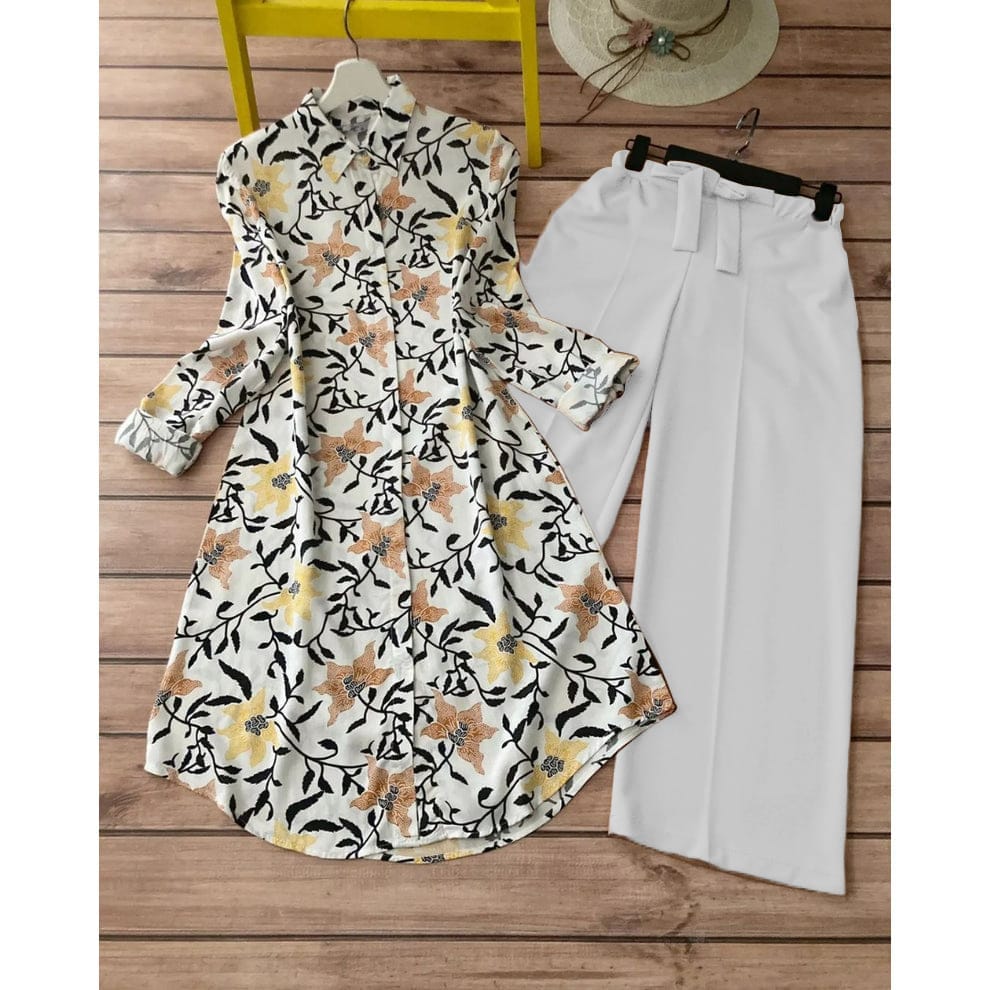Ivory White Floral Kurti with White Palazzo