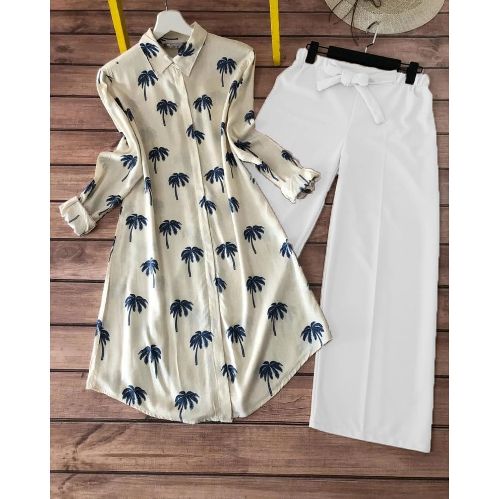 Palm Print Rayon Kurti with Stretchable Palazzo Set