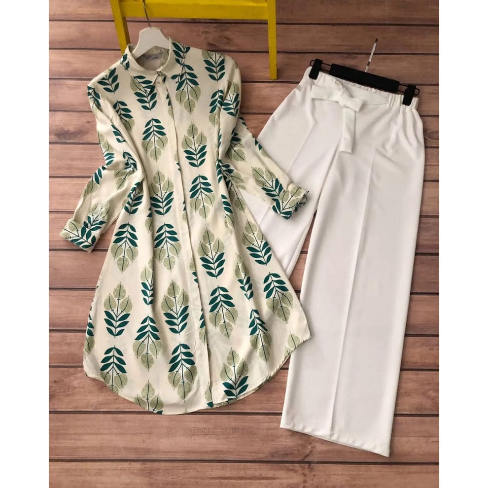 Cream Base Kurti with Green Leaf Print & White Palazzo