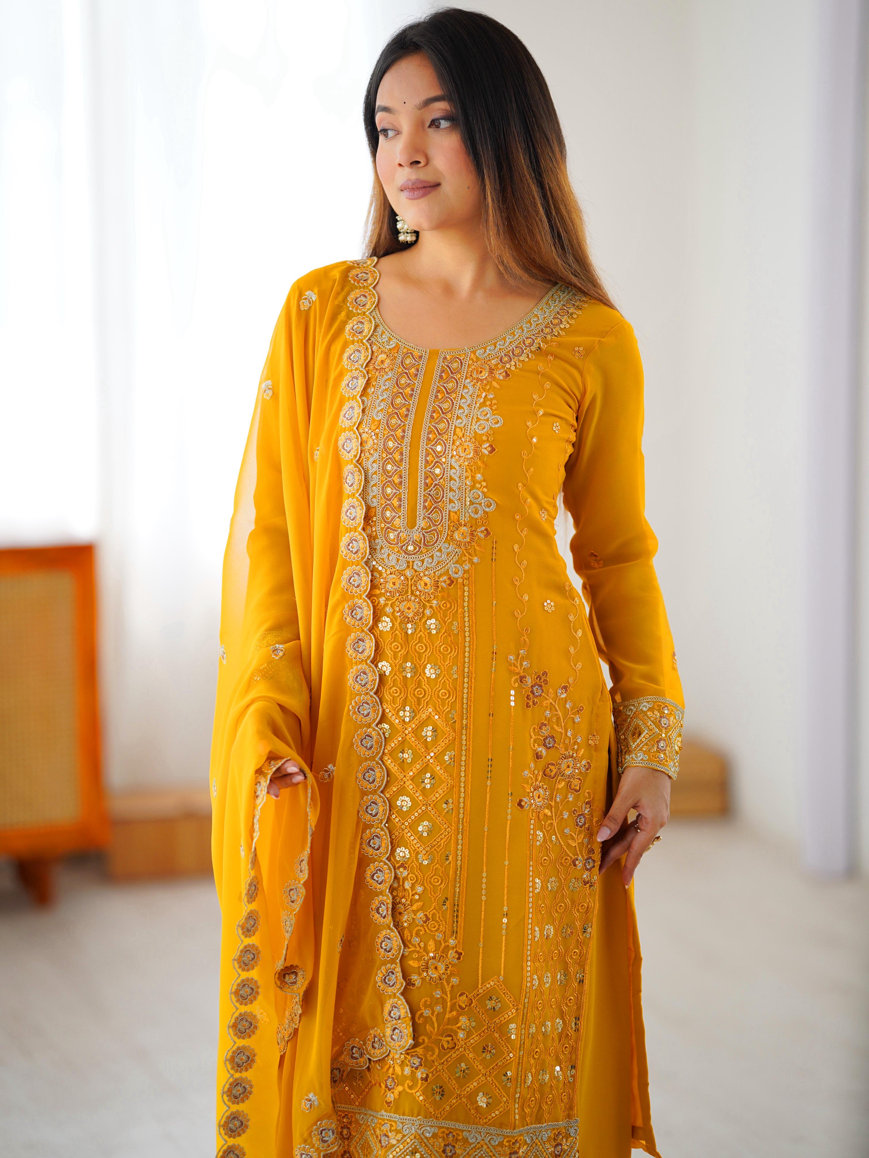 Mustard Yellow Faux Georgette Embroidered Palazzo Suit Set