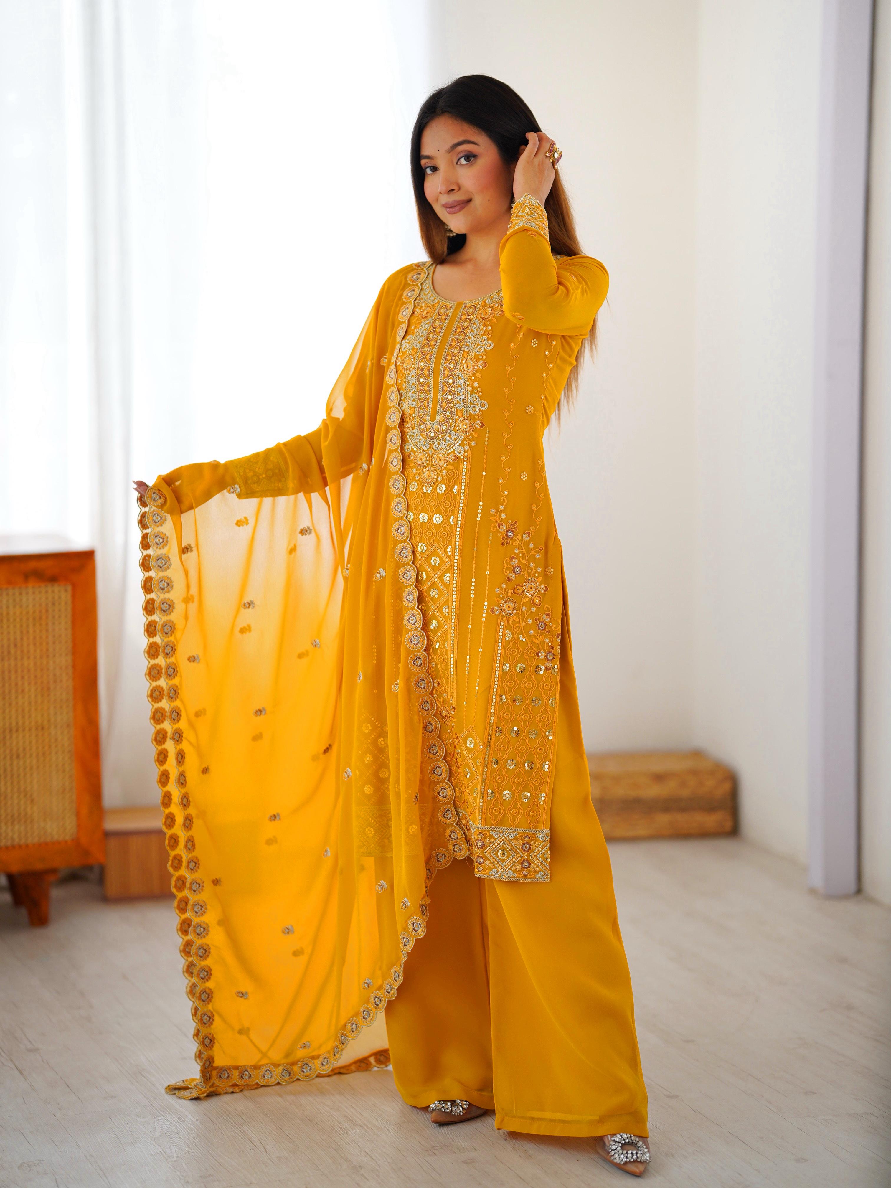 Mustard Yellow Faux Georgette Embroidered Palazzo Suit Set
