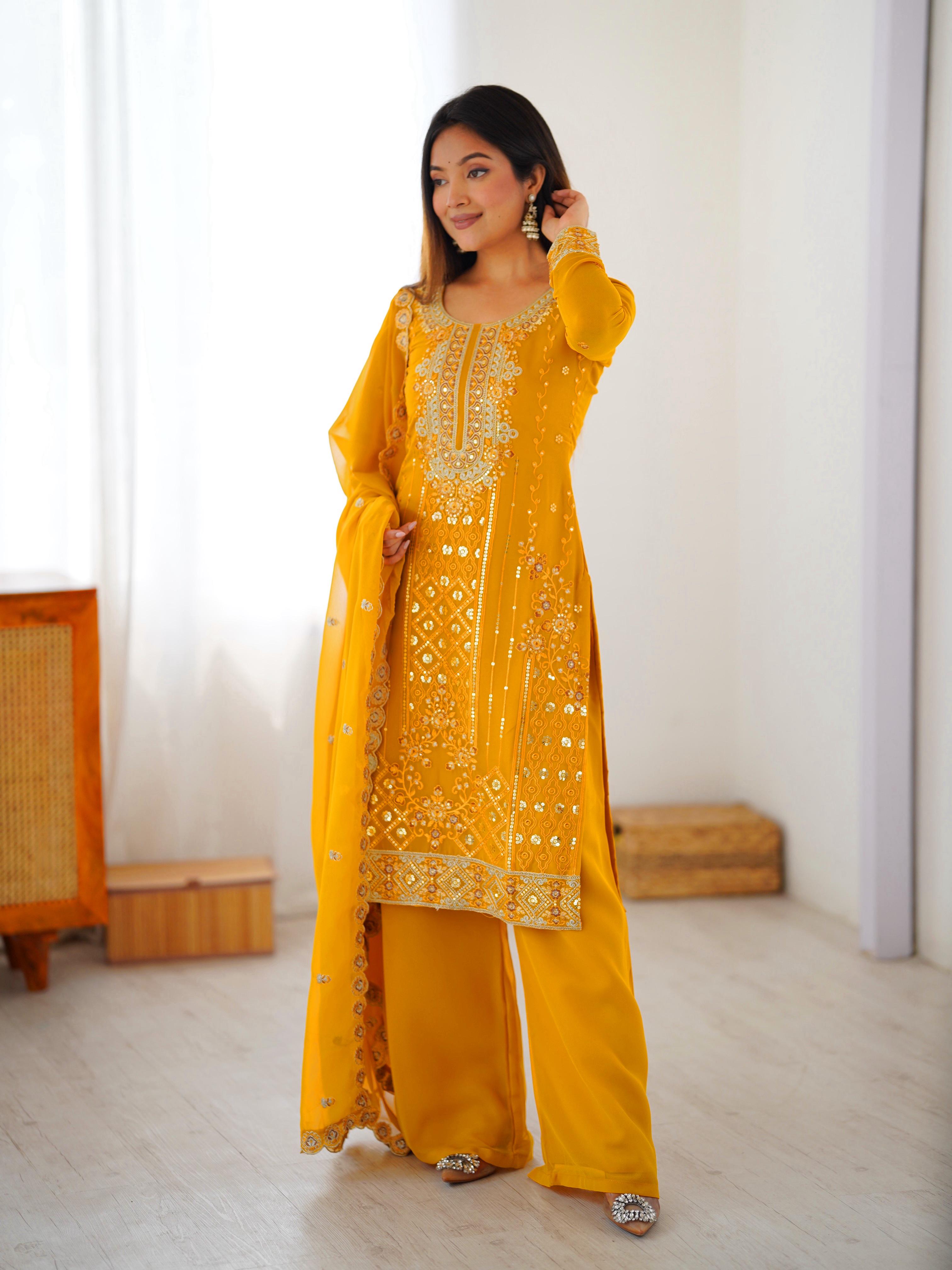 Mustard Yellow Faux Georgette Embroidered Palazzo Suit Set