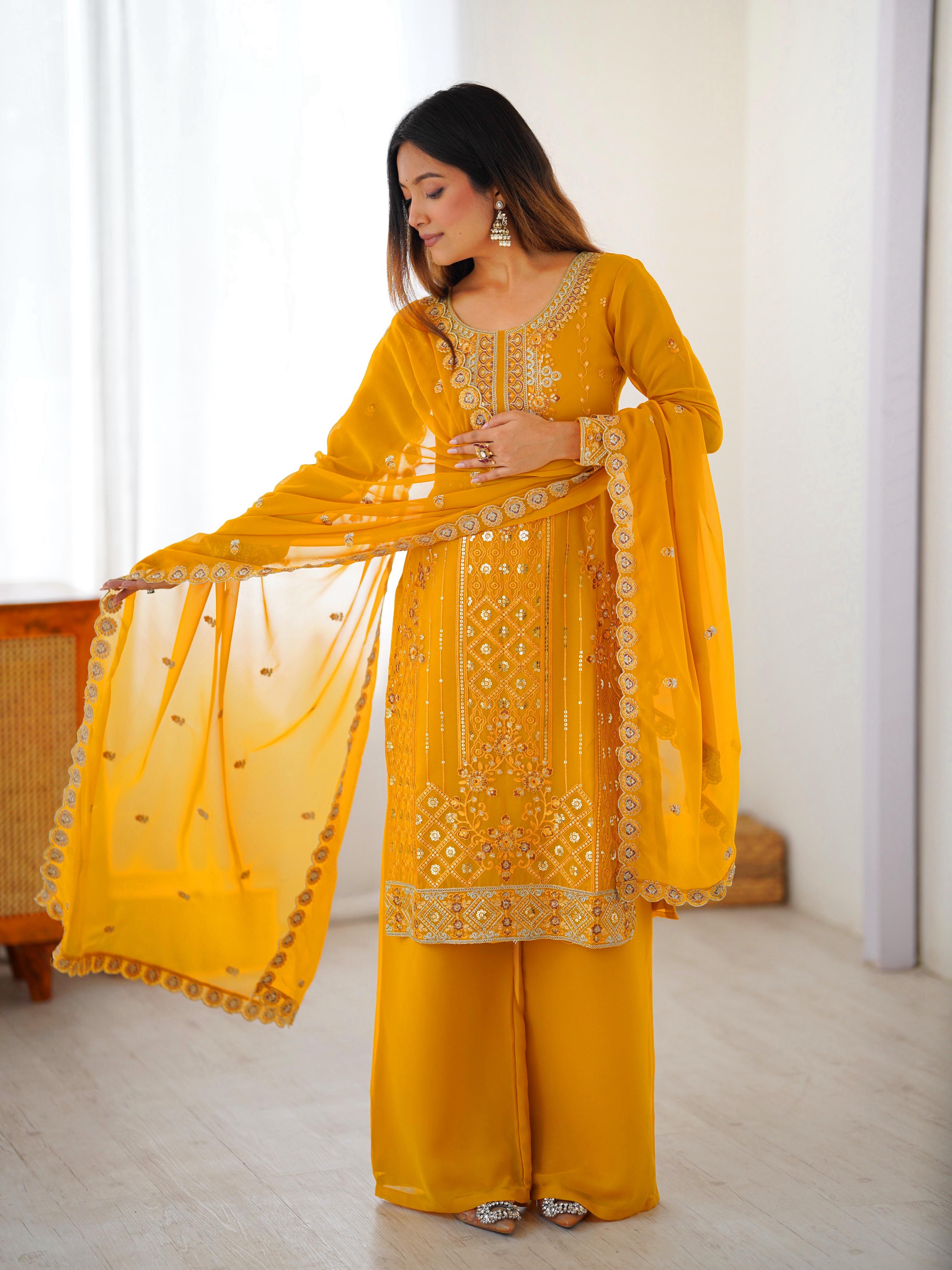 Mustard Yellow Faux Georgette Embroidered Palazzo Suit Set