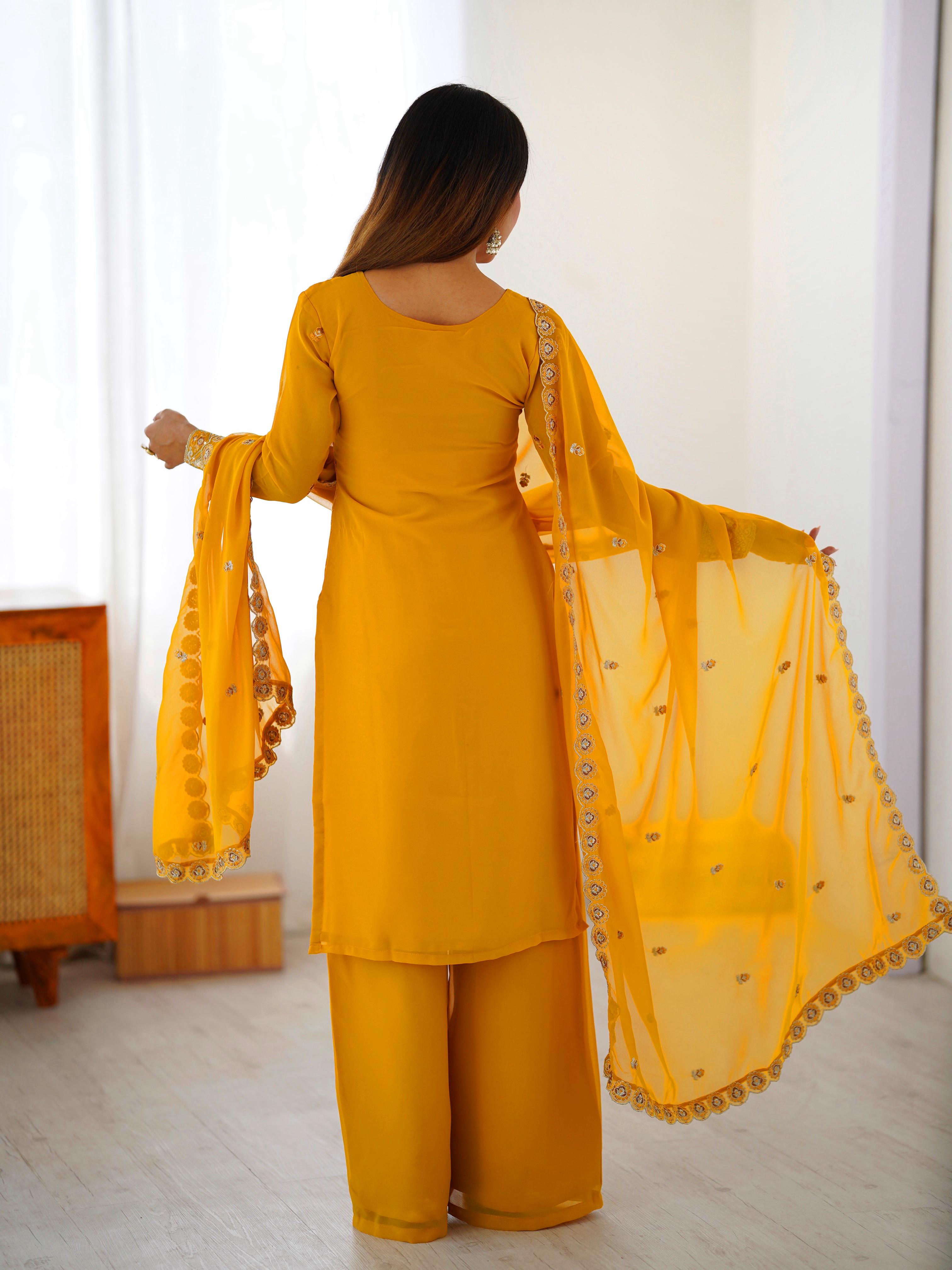 Mustard Yellow Faux Georgette Embroidered Palazzo Suit Set