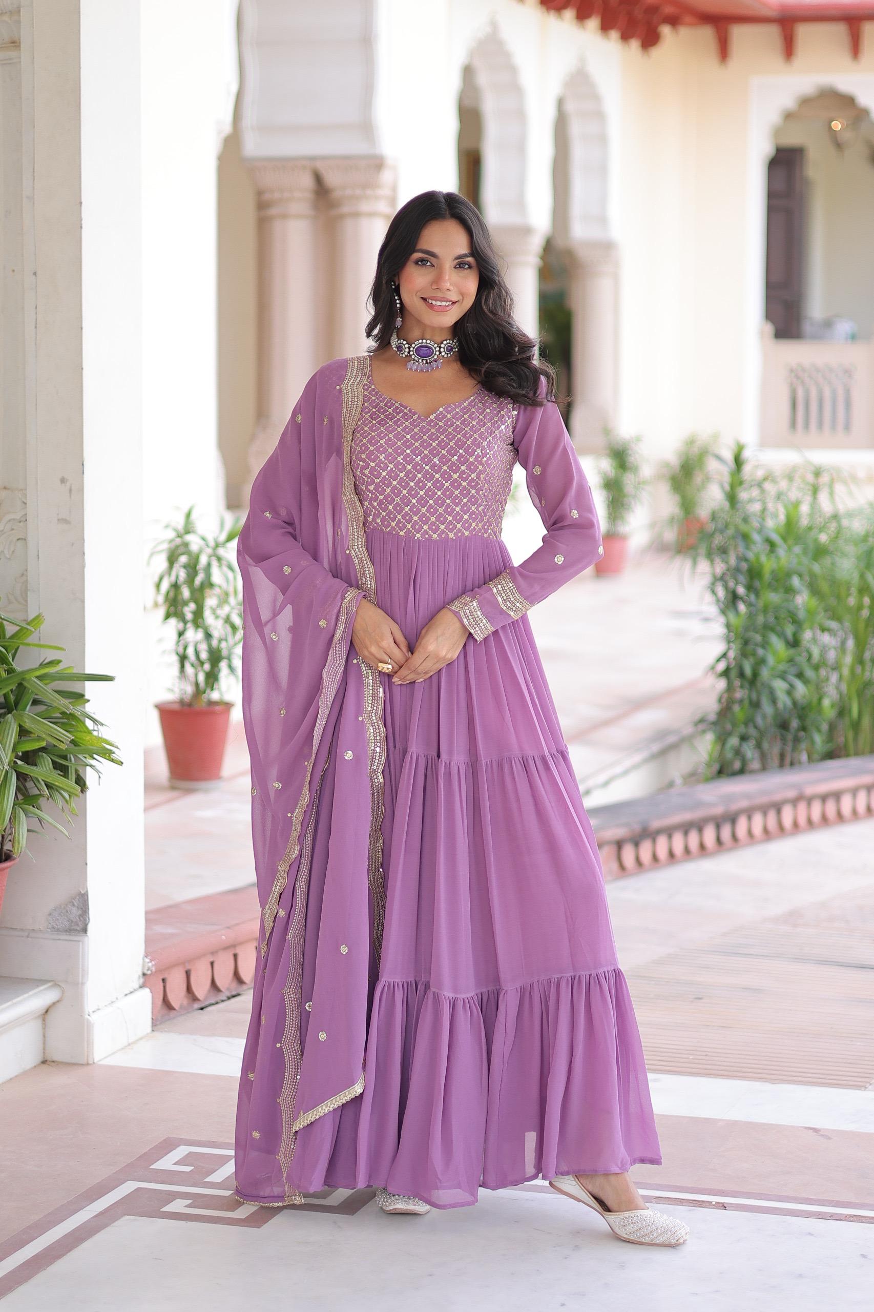 Sequins Zari Embroidered Faux Georgette Gown with Cut-Work Dupatta