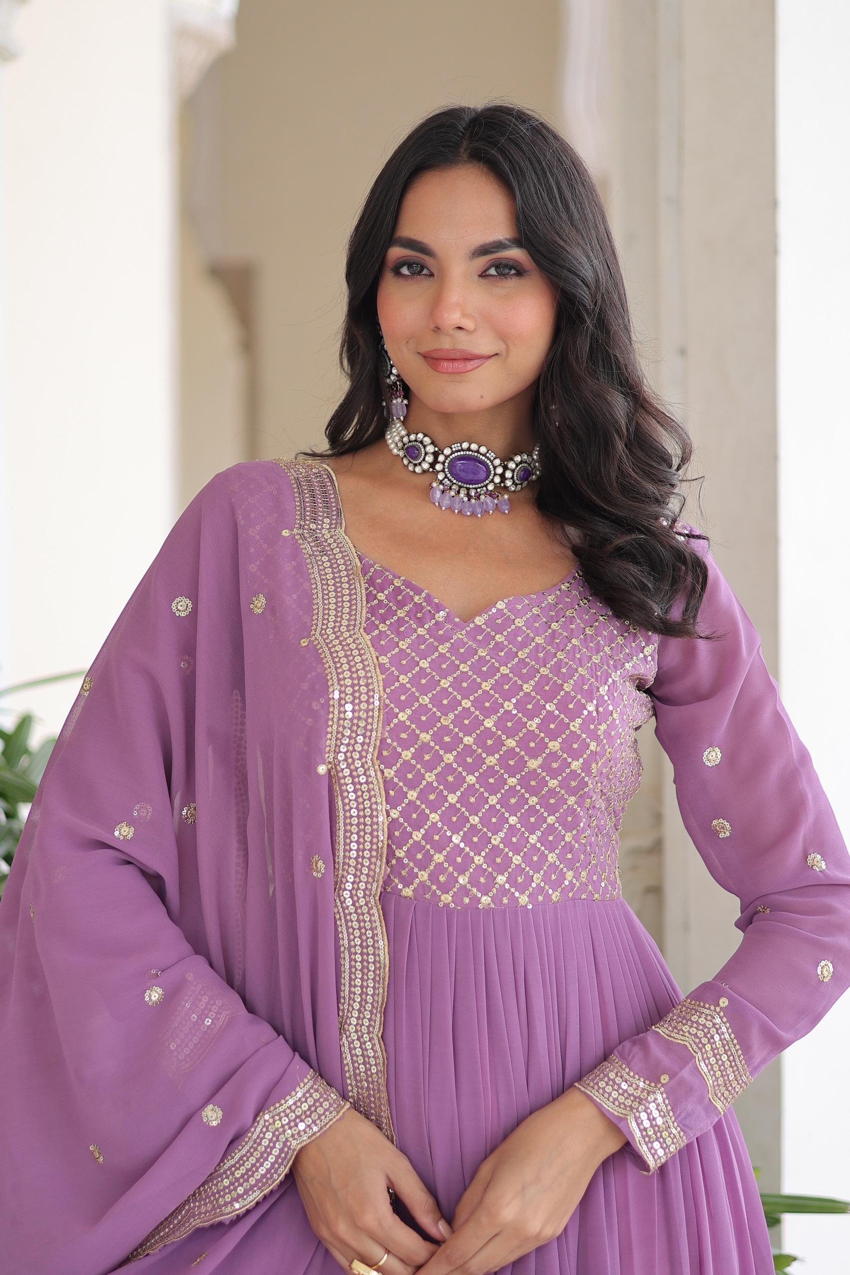 Sequins Zari Embroidered Faux Georgette Gown with Cut-Work Dupatta