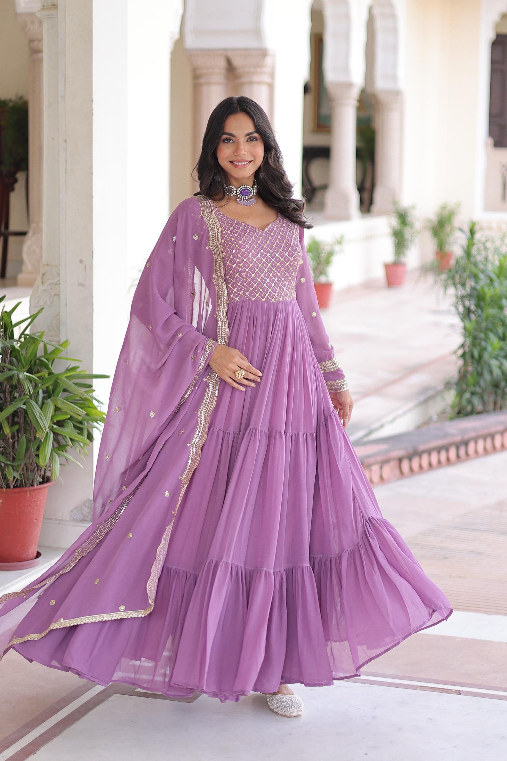 Sequins Zari Embroidered Faux Georgette Gown with Cut-Work Dupatta