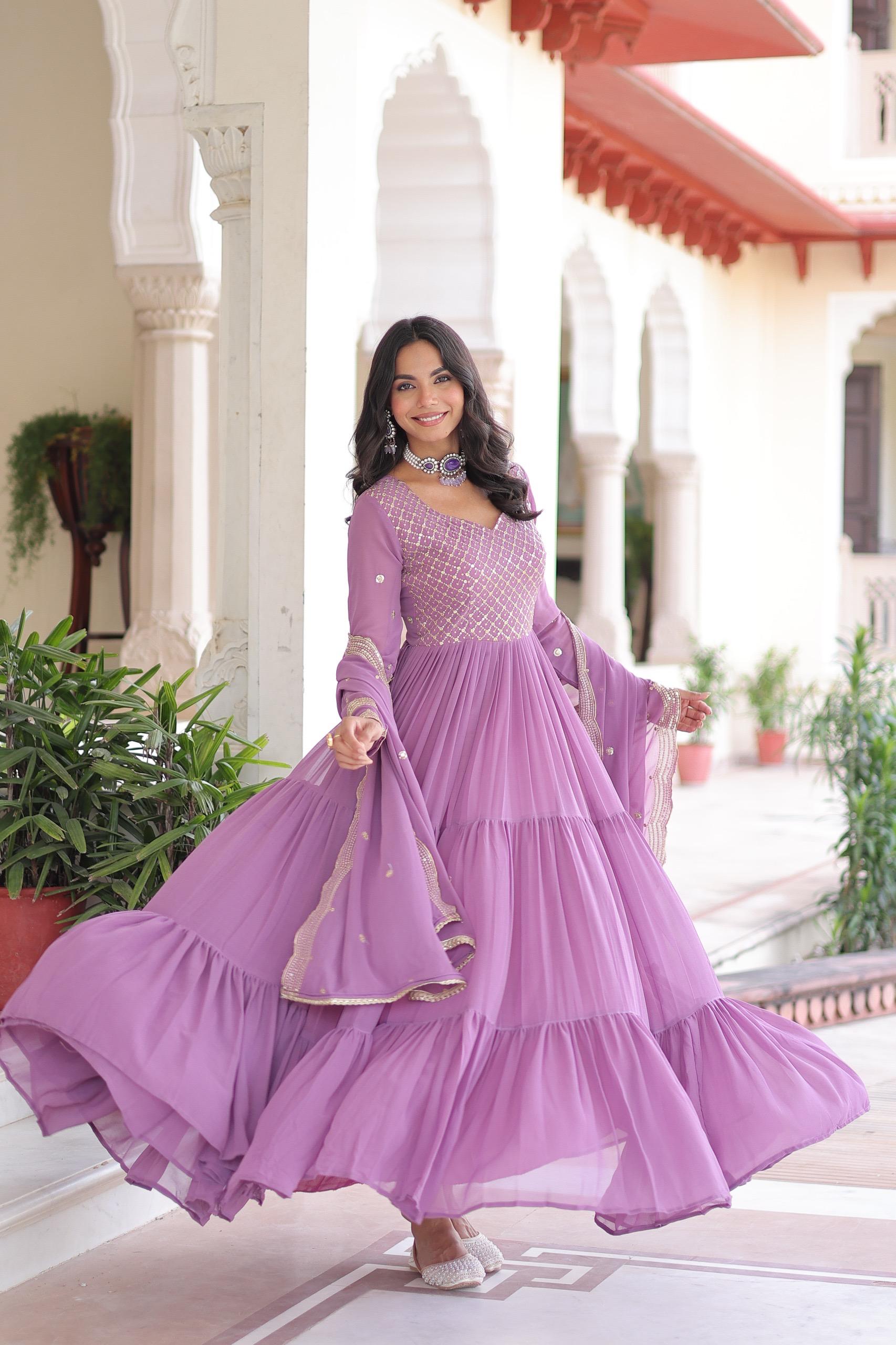 Sequins Zari Embroidered Faux Georgette Gown with Cut-Work Dupatta